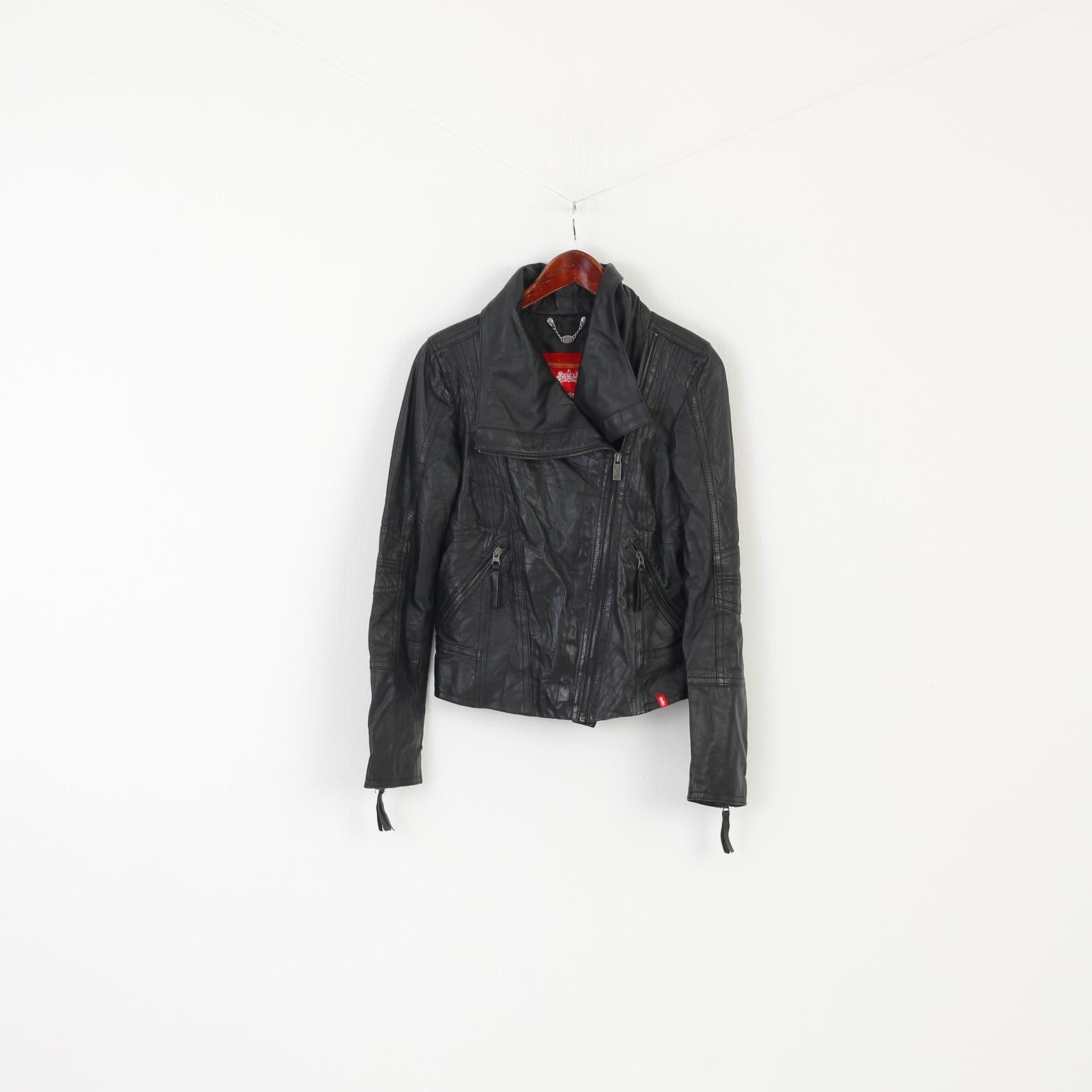 Vintage EDC Women S Jacket Black Sheep Leather Biker 0092 Size S / US 4 / IT 40 - 2 Thumbnail