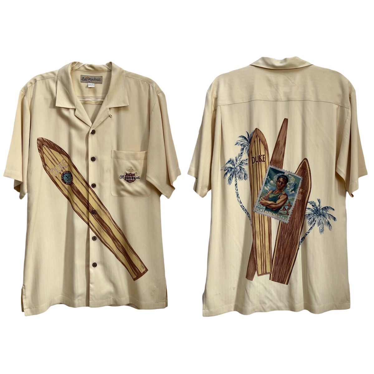 image of Duke Kahanamoku By Kahala Silk Hawaiian Shirt • 2002 Stamp in Cream, Men's (Size Large)