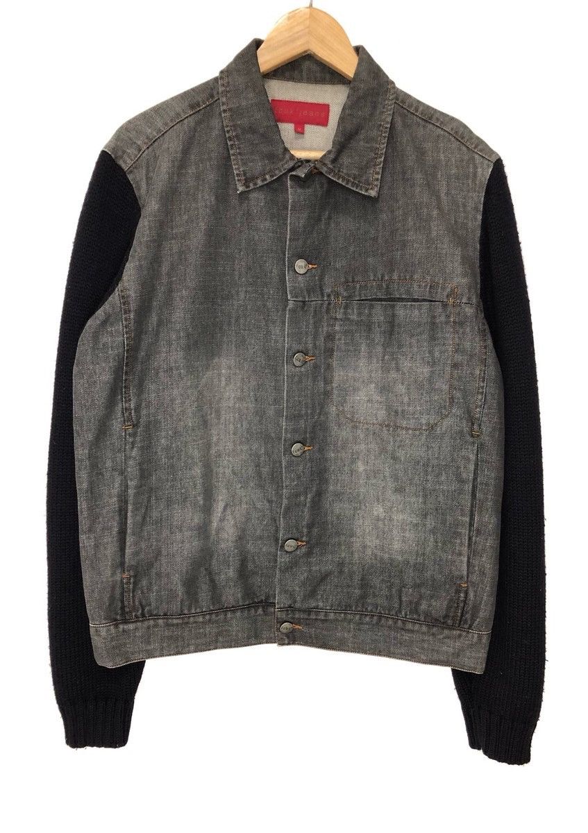 image of Fcuk Japan Hybrid Sleeve Knit Distressed Denim Jacket in Black, Men's (Size Medium)