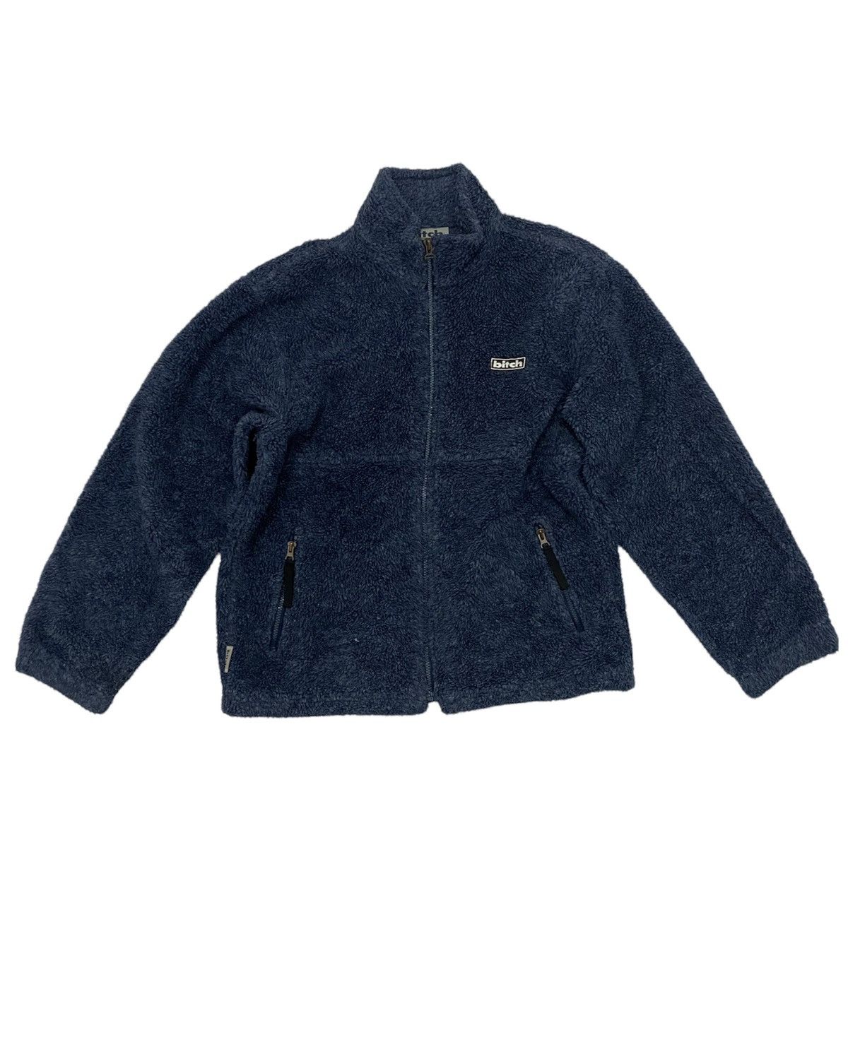 image of Santa Cruz Skateboards x Vintage 90's Bitch Skateboarding Sherpa Jacket in Navy Blue (Size Medium)