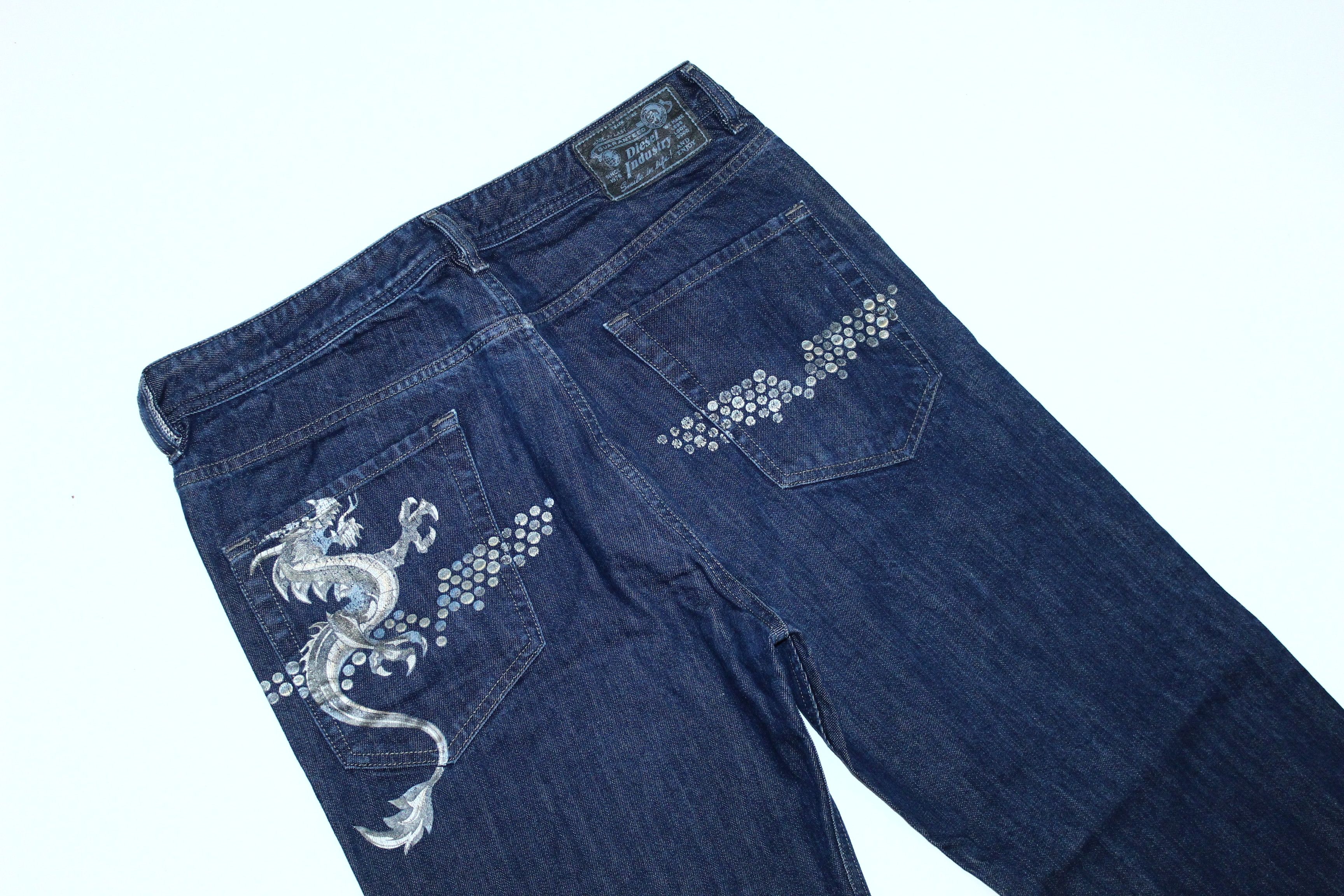 Diesel 🔥 VTG 🔥 DIESEL JEANS MEJO JAPANESE DRAGON PRINT RAW BLUE Size US 34 / EU 50 - 2 Thumbnail