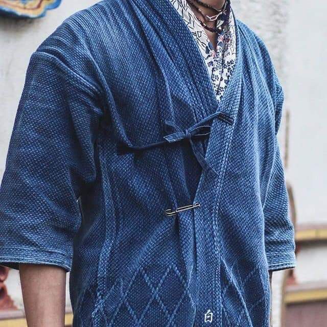 image of Style Kapital Dyed Woven Cotton Drawstrings Kimono in Indigo, Men's (Size Medium)