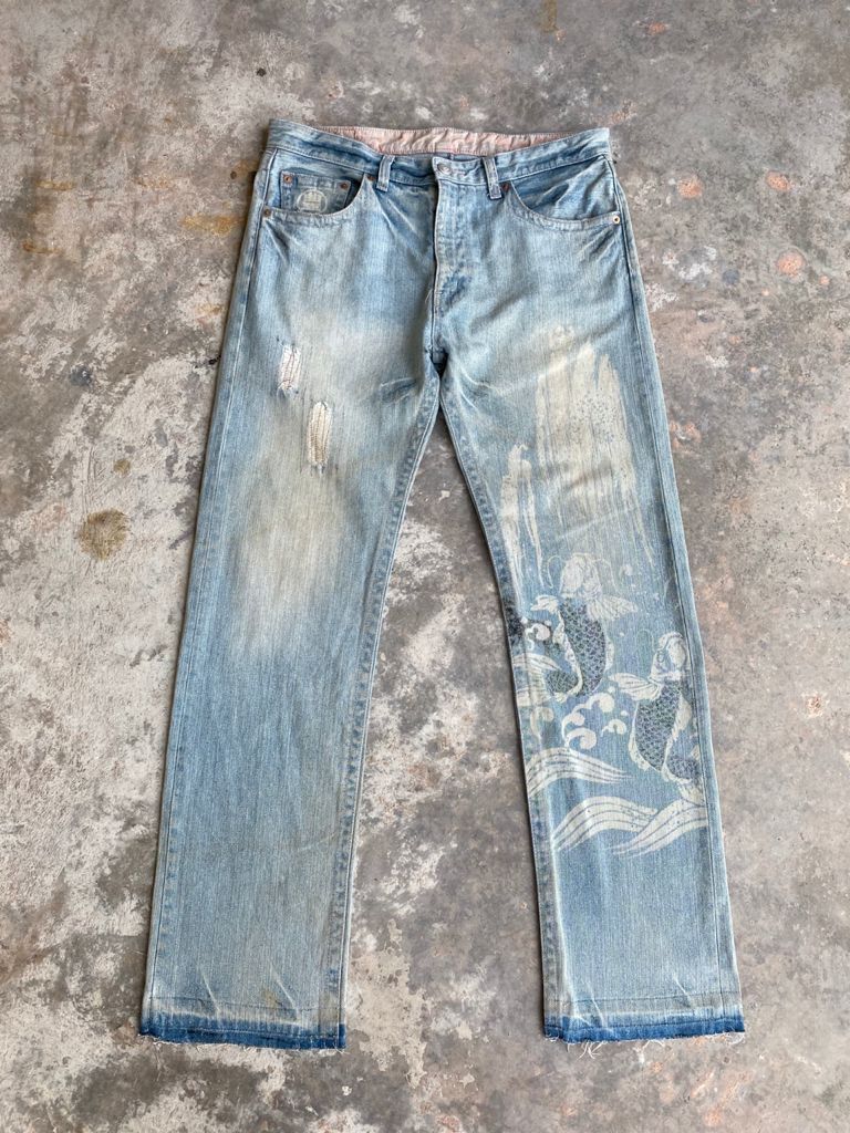 Japanese Brand RARE🔥Vintage Japanese Printed Jeans Light Wash Distressed Size US 36 / EU 52 - 1 Thumbnail