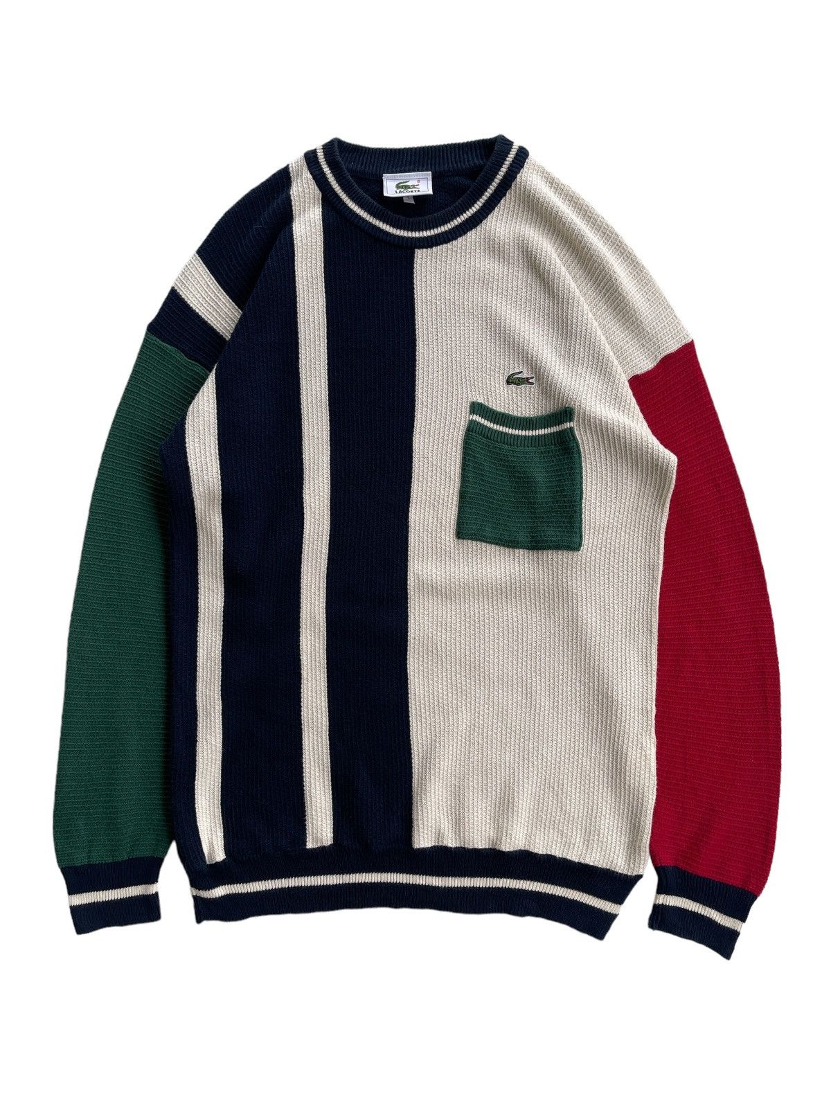 image of Coloured Cable Knit Sweater x Lacoste Vintage Lacoste Colorblock Knitwear in Green/White/Red (Size 