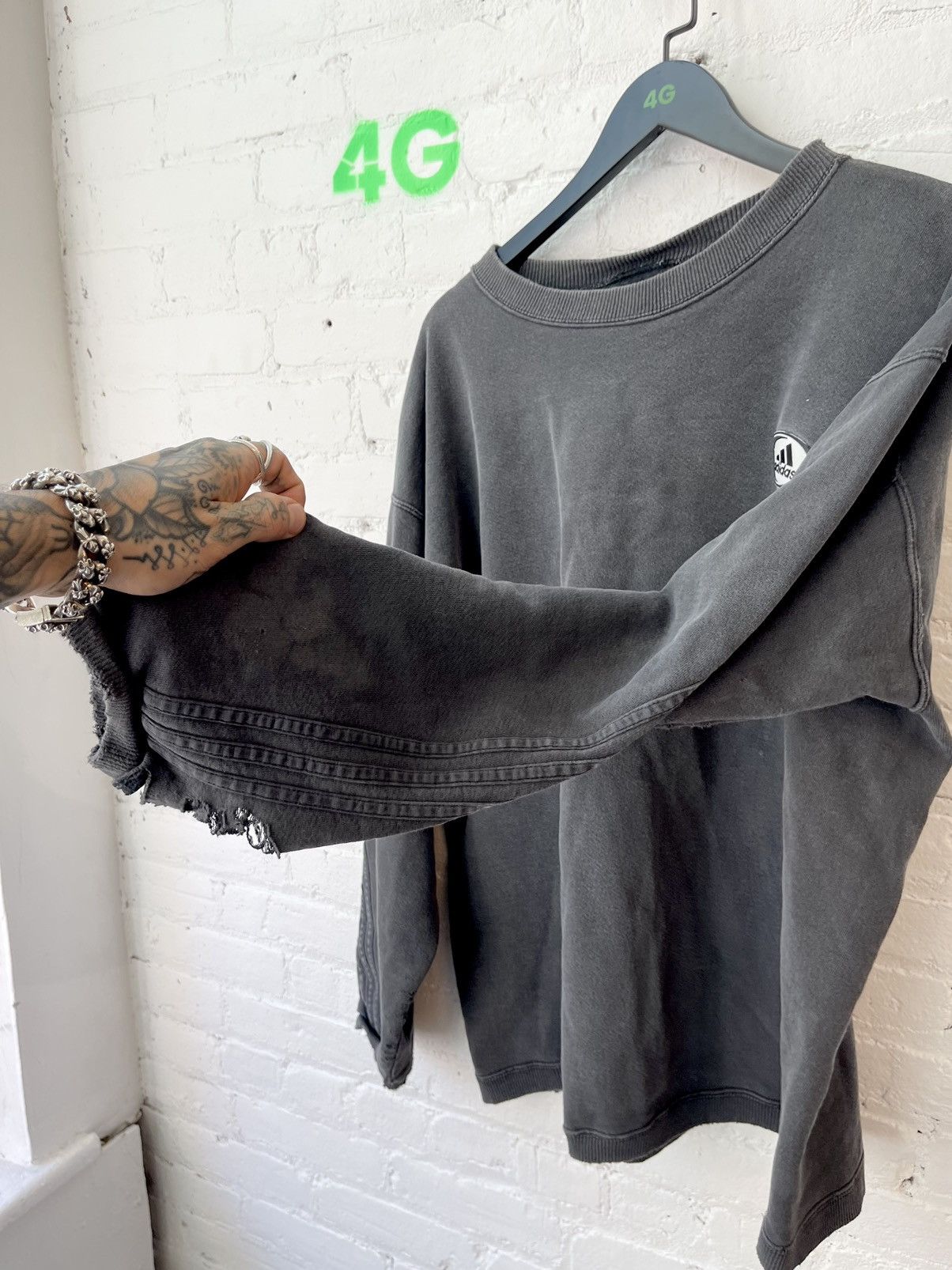 image of Thrashed Faded Black Wash XL Adidas Sweater, Men's