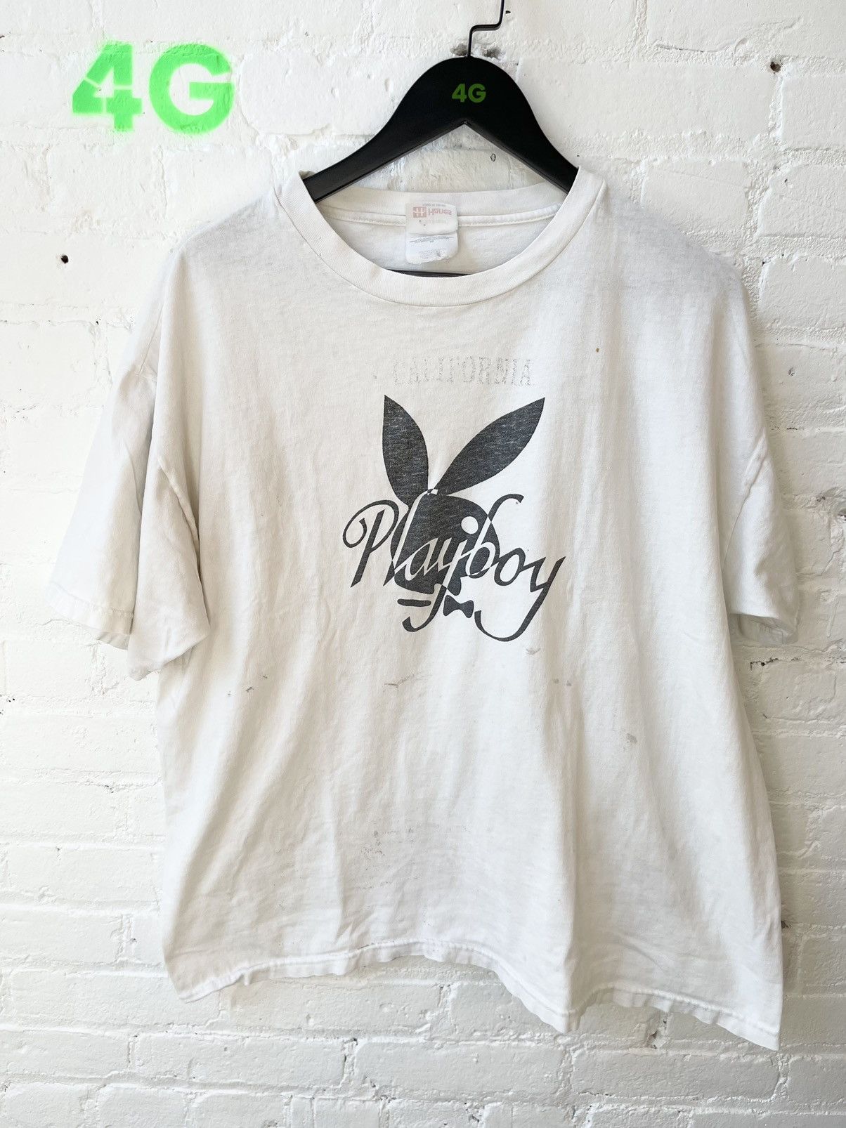 image of Thrashed Playboy Bunny Oversize XL Shirt Faded in White, Men's