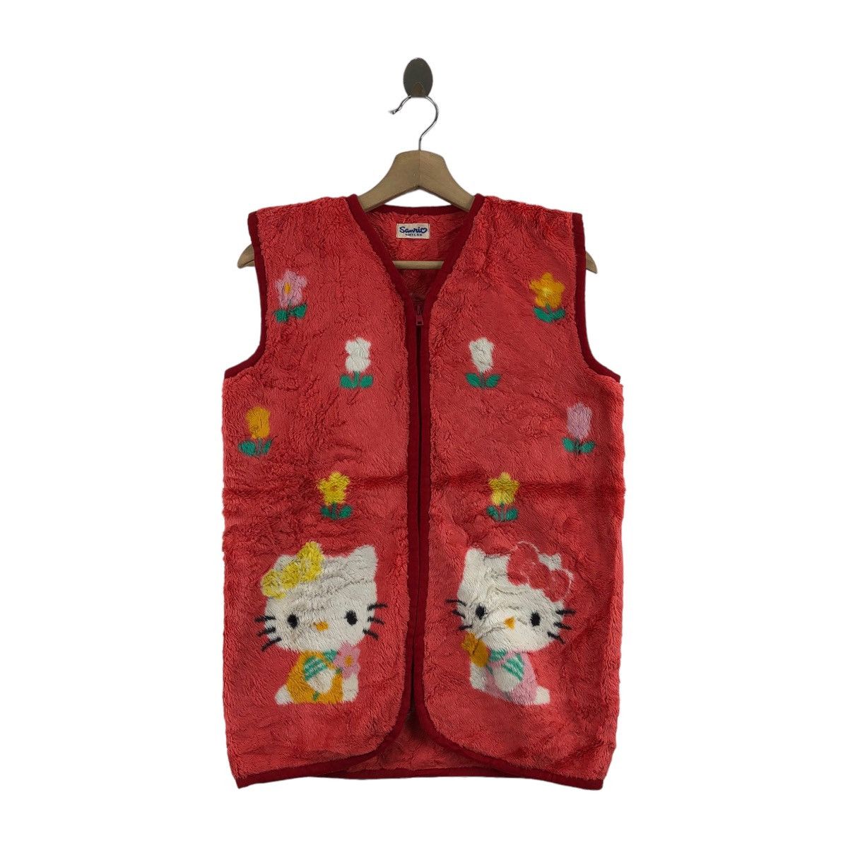 Vtg HELLO KITTY SANRIO Cartoon Anime Red Fleece Vest Zipper