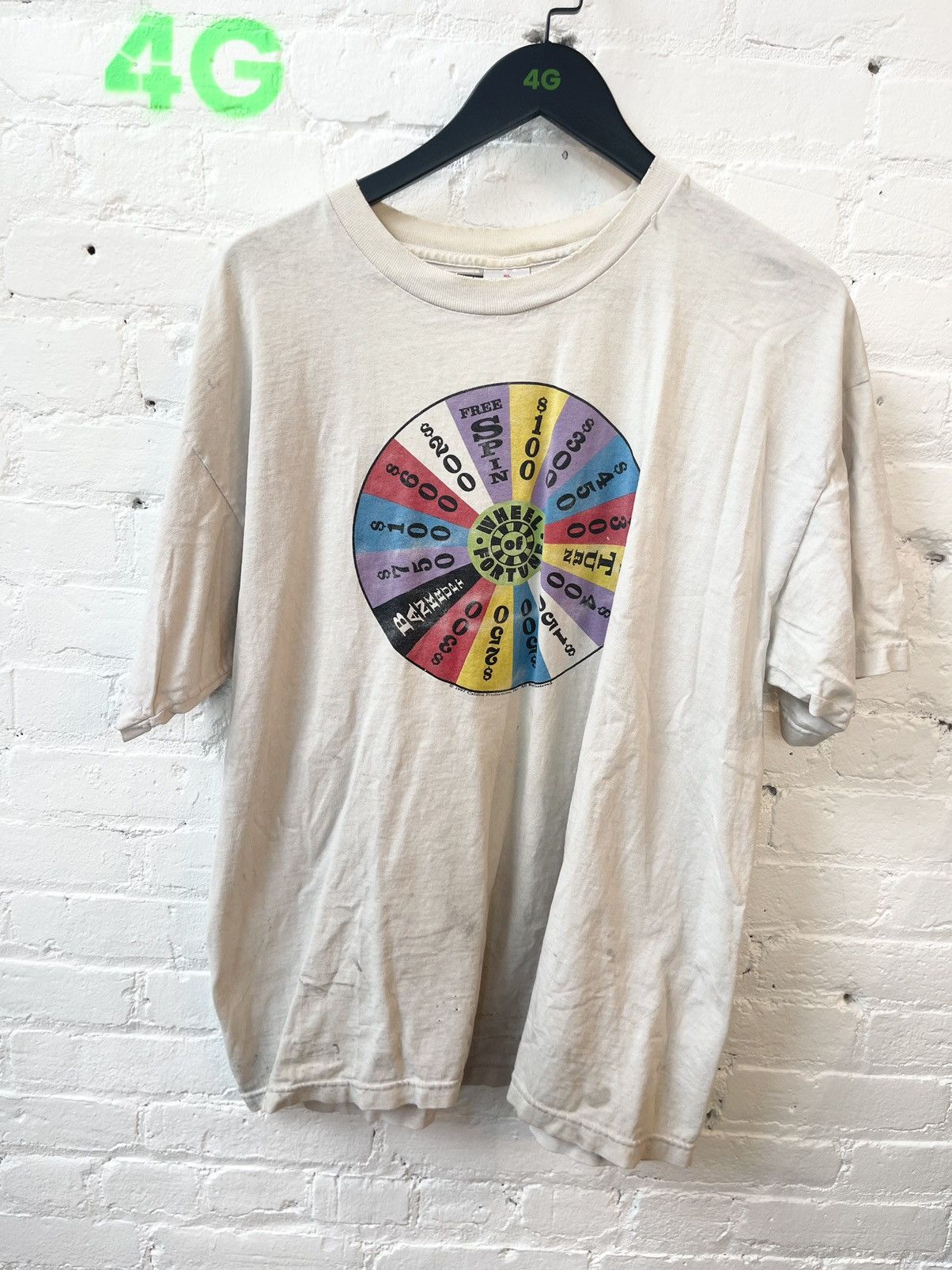 image of Vintage Thrashed Wheel Of Fortune Degenerate Slot Machine in White, Men's (Size XL)