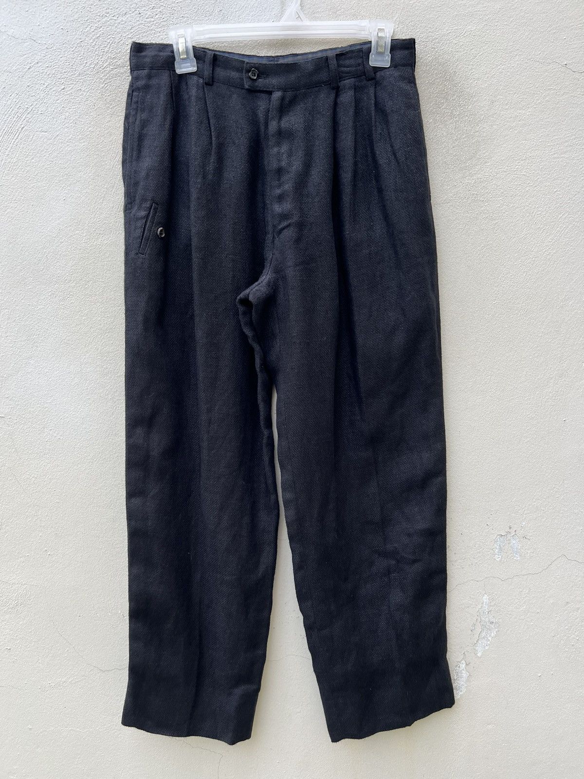 Japanese Brand × Mademoiselle Non Non × Vintage Vintage Papas Japan Thick Black Linen Trouser Pant Size US 29 - 1 Thumbnail