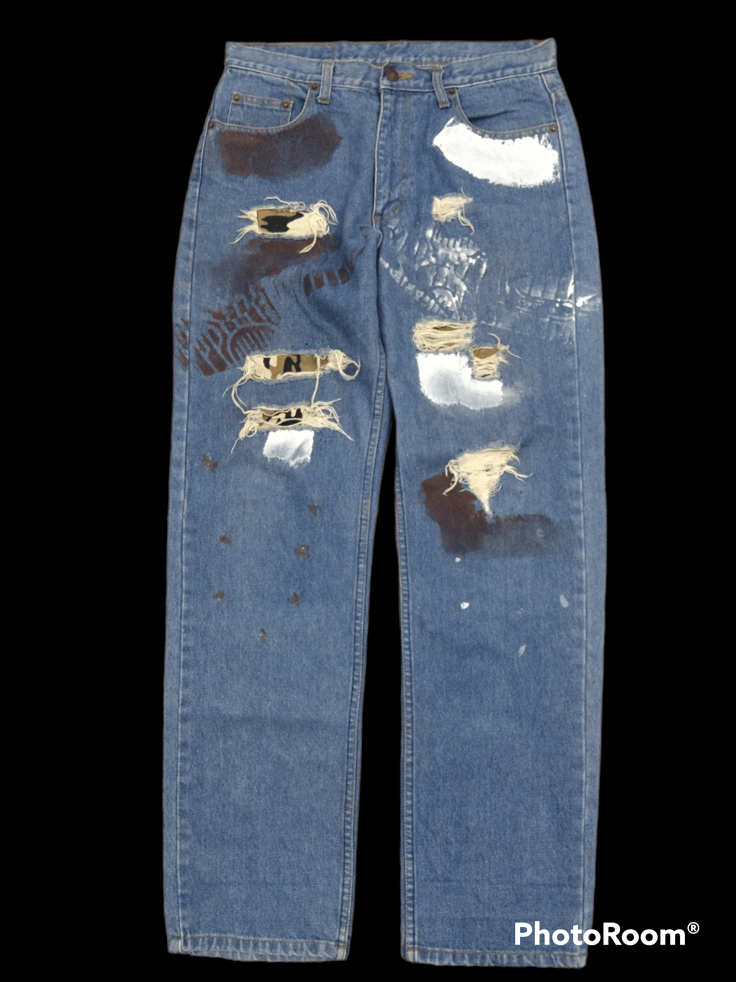 image of Distressed Denim x Hype Sick Riped Splatter Pacthwork B.chaser Denim Pants in Blue Distressed (Size