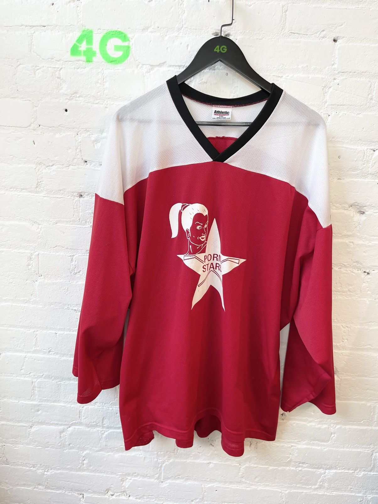 image of Vintage 90's Pornstar Oversized Hockey Jersey Porn Shirt in Red White, Men's (Size 2XL)