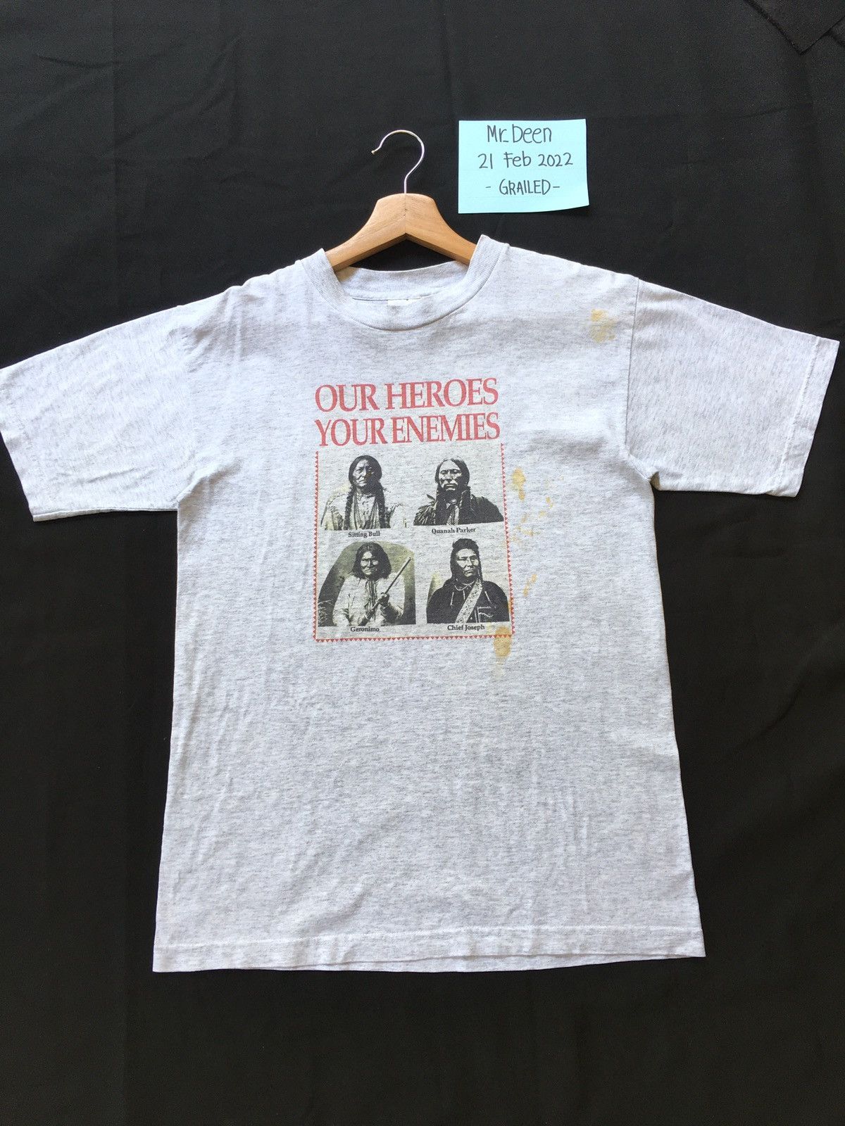 image of Made In USA x Vintage Native American “Our Heroes Your Enemies “ Tshirt in Grey, Men's (Size Small)