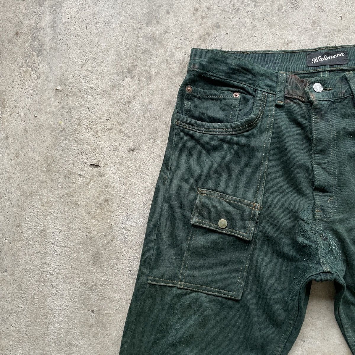 Japanese Brand THRASHED💥Vintage Kalimera Green Bush Pocket Jeans Pants W32 Size US 32 / EU 48 - 4 Thumbnail