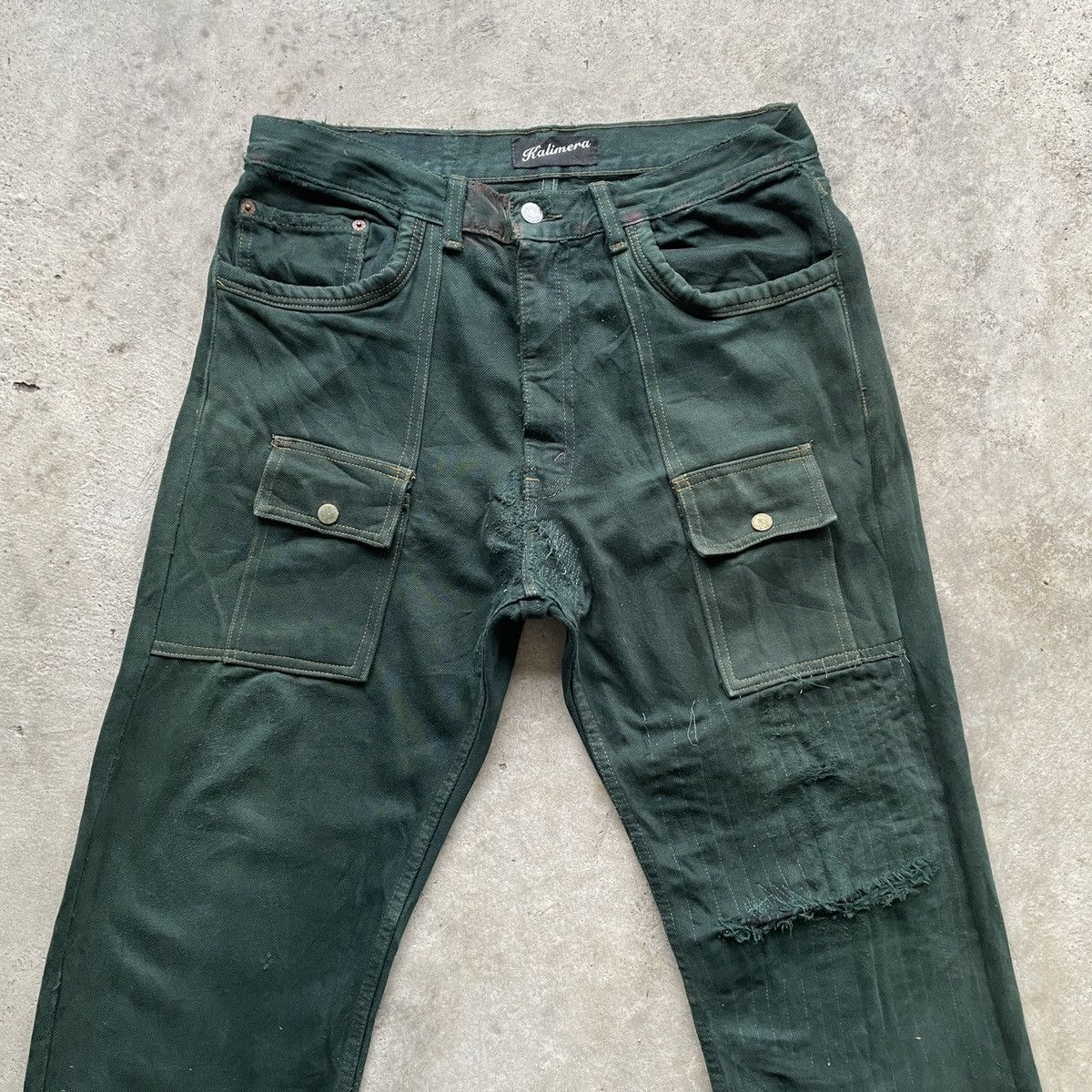 Japanese Brand THRASHED💥Vintage Kalimera Green Bush Pocket Jeans Pants W32 Size US 32 / EU 48 - 3 Thumbnail