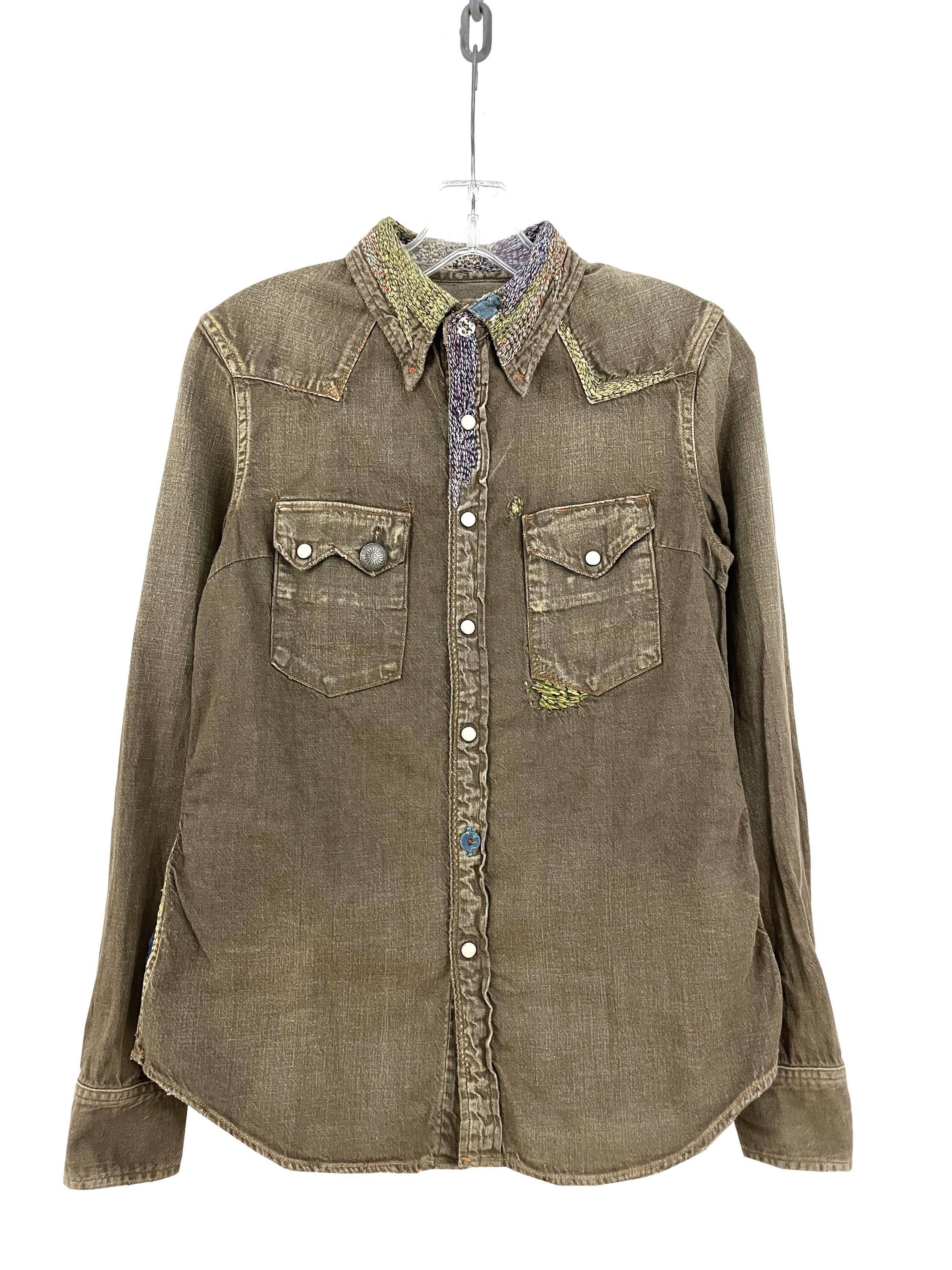 image of Kapital x Kapital Kountry Stitch Detail Denim Buttonup in Brown, Men's (Size Small)