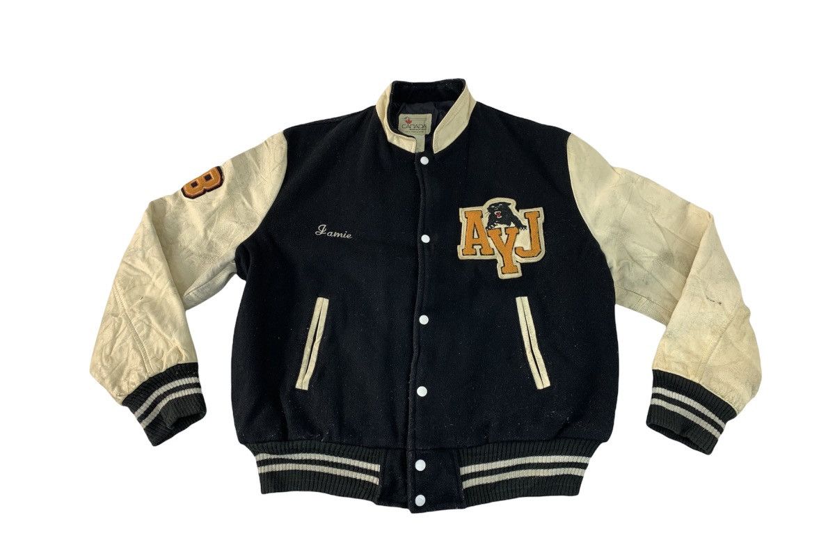 image of Genuine Leather x Varsity Jacket 80's Ayj Canada Sportswear Jackson Big Logo Outerwear Jacket (Size