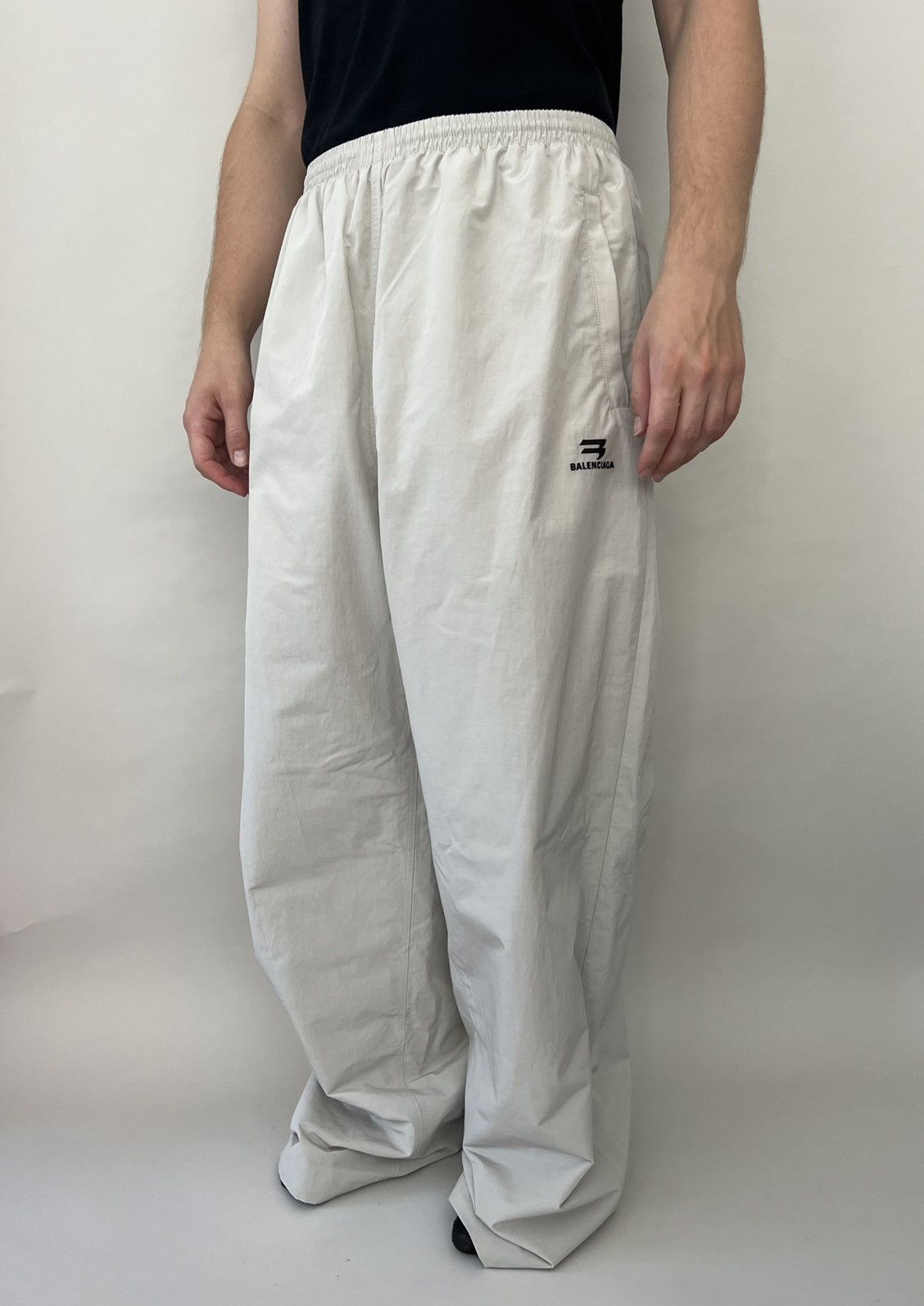 image of Balenciaga $2K Value Sporty B Nylon Oversized Trackpants in Beige, Men's (Size 34)