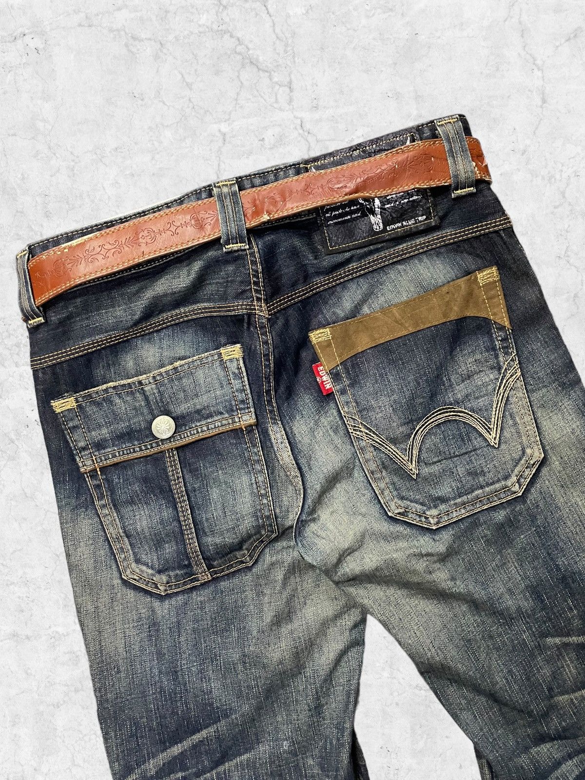 Edwin × Levi's × Vintage Vtg Edwin Paradox Bush Pocket Mud Denim Pants Leather Belt Size US 32 / EU 48 - 12 Thumbnail