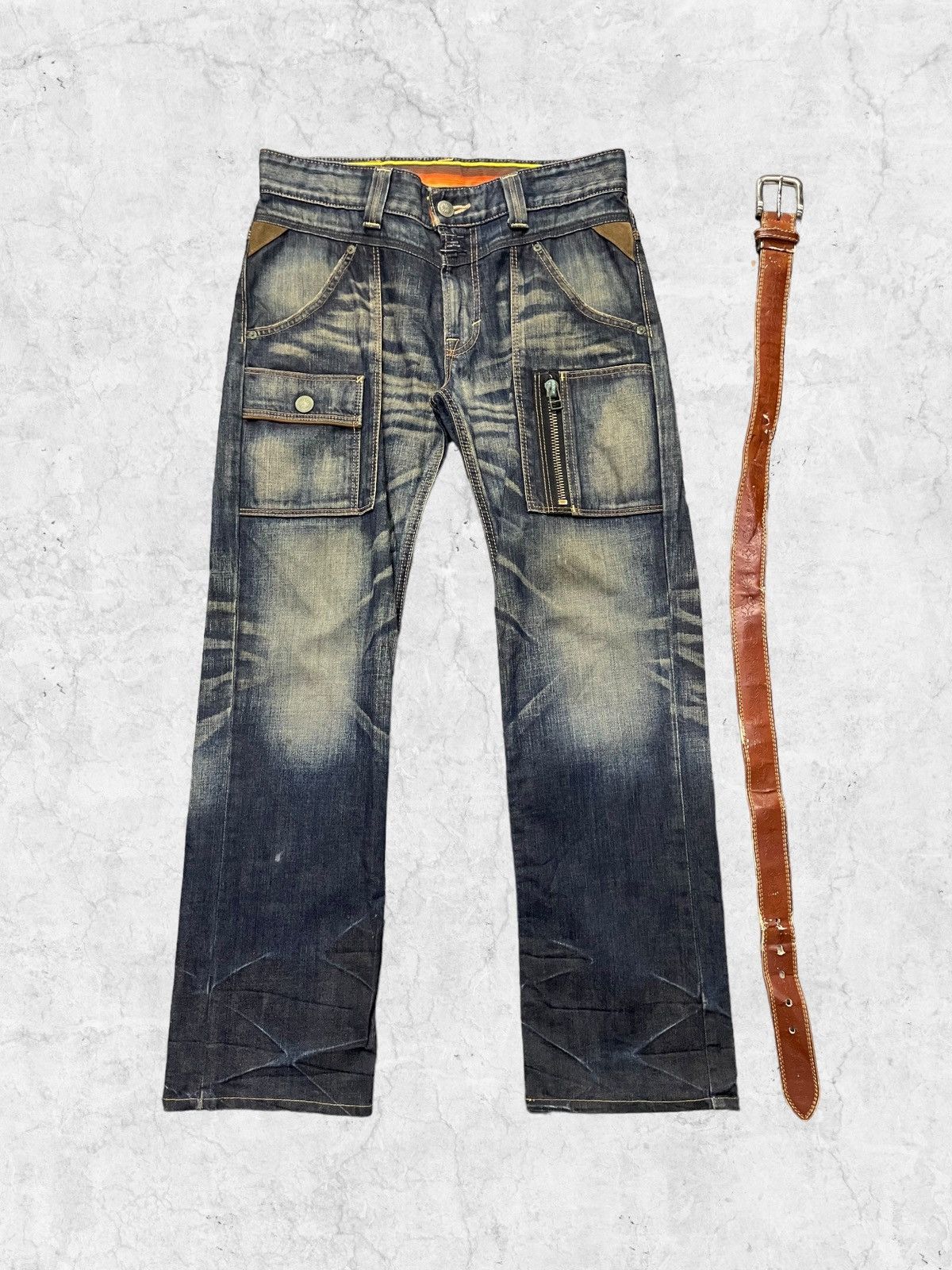 Edwin × Levi's × Vintage Vtg Edwin Paradox Bush Pocket Mud Denim Pants Leather Belt Size US 32 / EU 48 - 3 Thumbnail