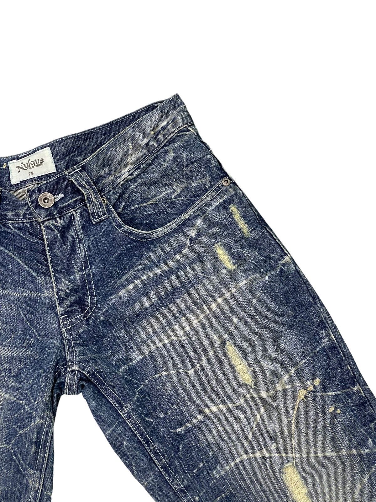 Japanese Brand Flare Jeans Nylaus Distress Denim Acid Wash Painted 7🟦 Size US 29 - 9 Thumbnail