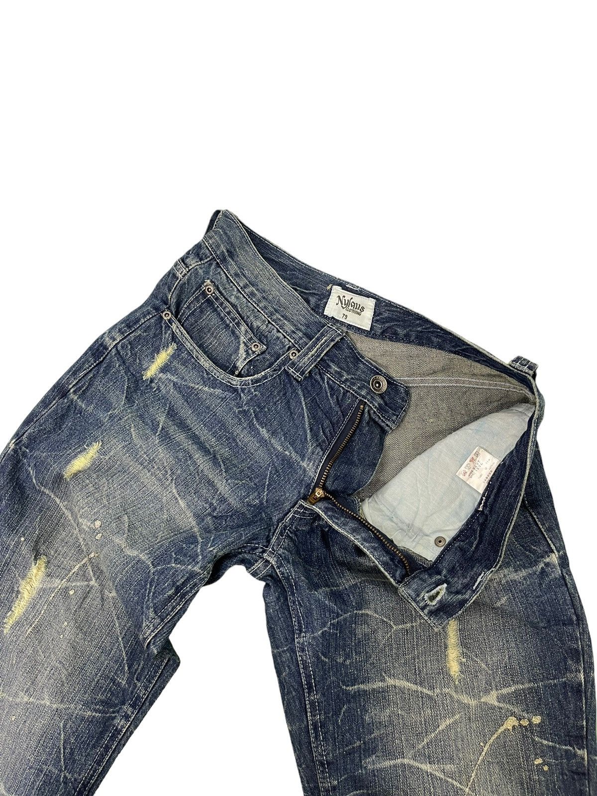 Japanese Brand Flare Jeans Nylaus Distress Denim Acid Wash Painted 7🟦 Size US 29 - 11 Thumbnail