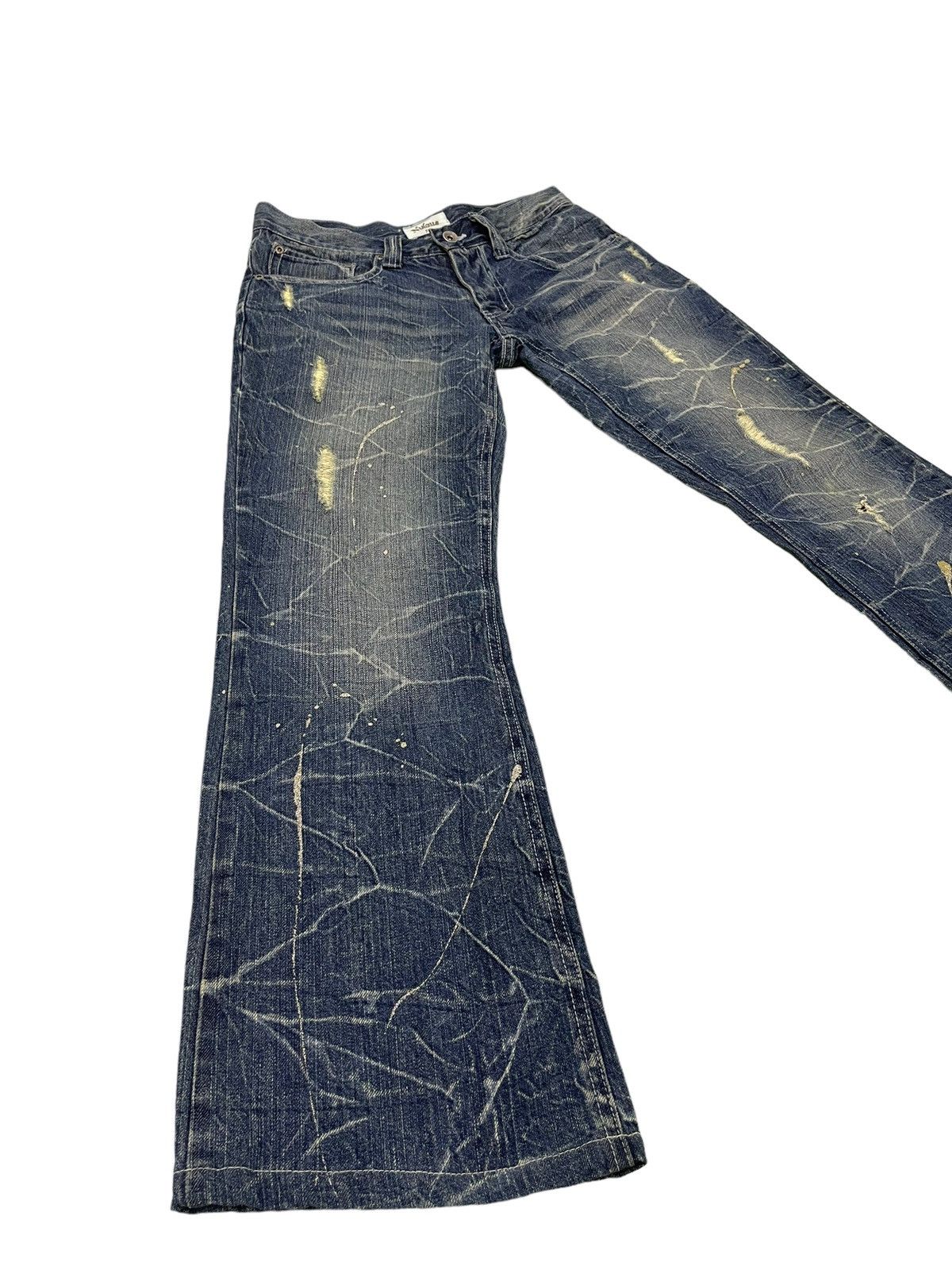 Japanese Brand Flare Jeans Nylaus Distress Denim Acid Wash Painted 7🟦 Size US 29 - 1 Thumbnail