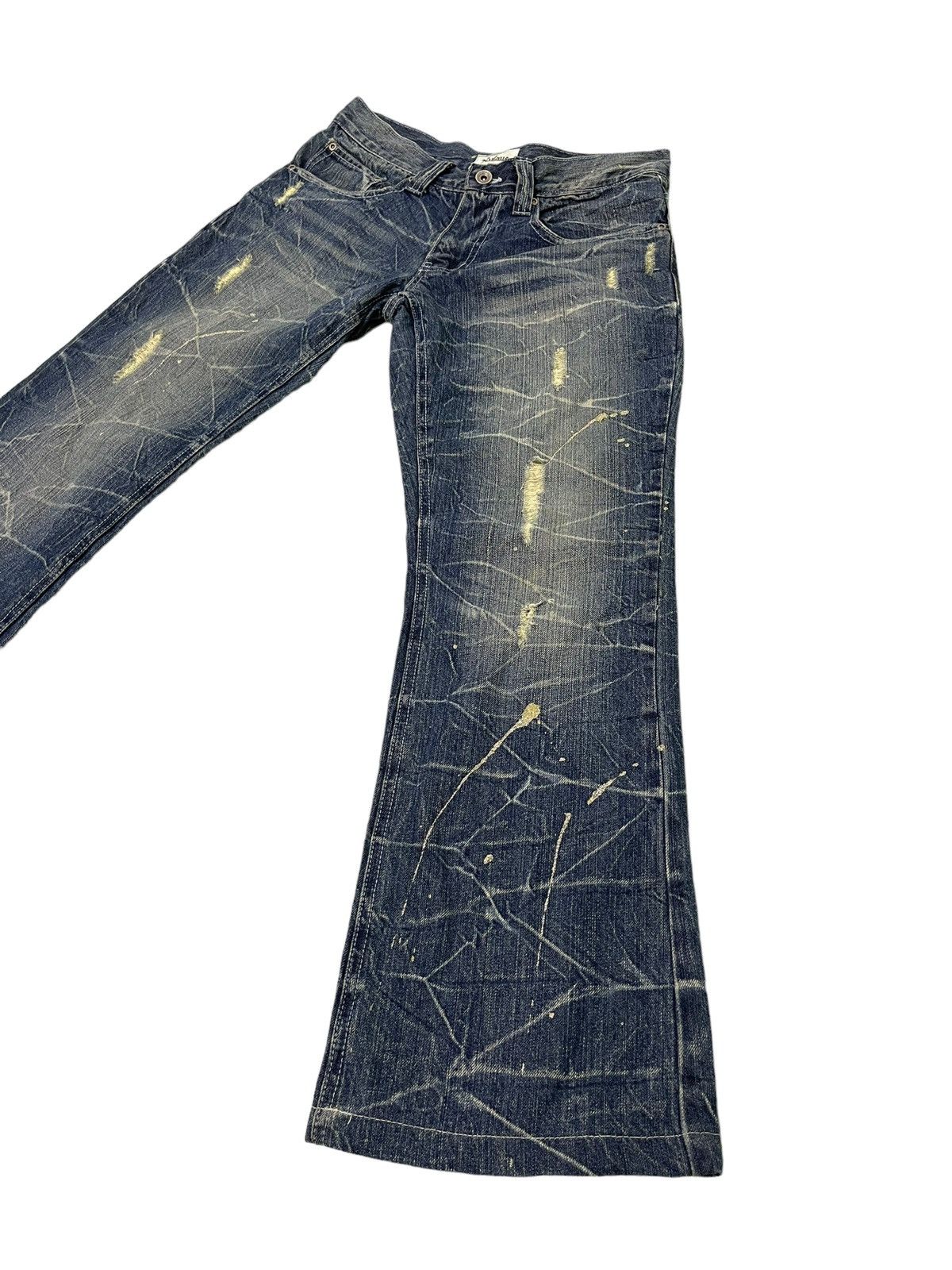 Japanese Brand Flare Jeans Nylaus Distress Denim Acid Wash Painted 7🟦 Size US 29 - 3 Thumbnail