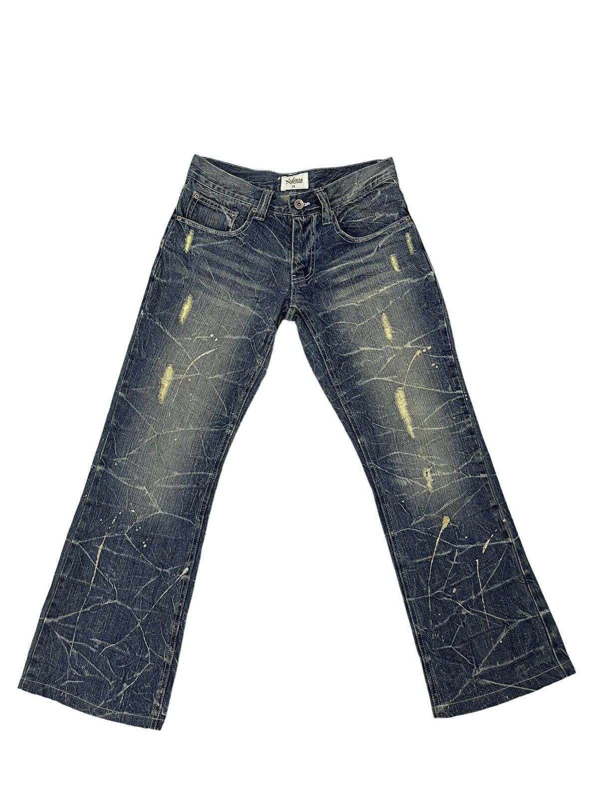 Japanese Brand Flare Jeans Nylaus Distress Denim Acid Wash Painted 7🟦 Size US 29 - 2 Thumbnail
