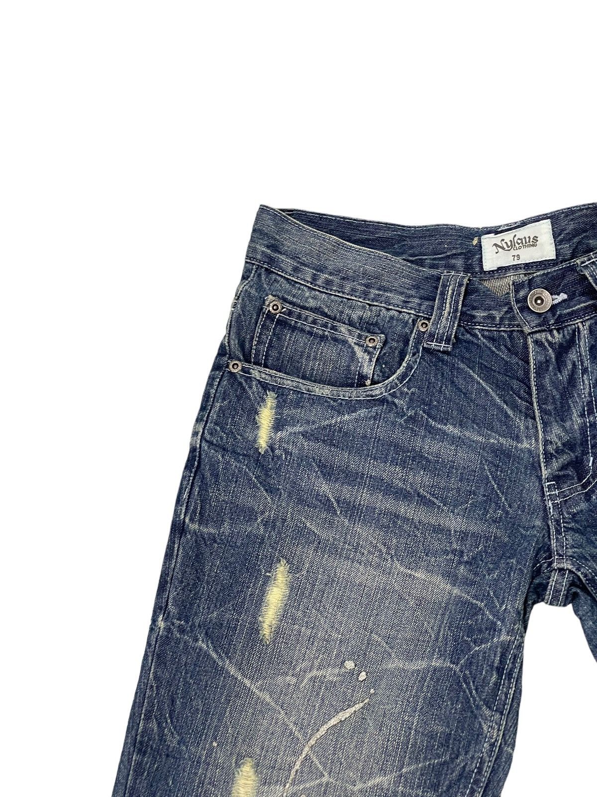 Japanese Brand Flare Jeans Nylaus Distress Denim Acid Wash Painted 7🟦 Size US 29 - 8 Thumbnail