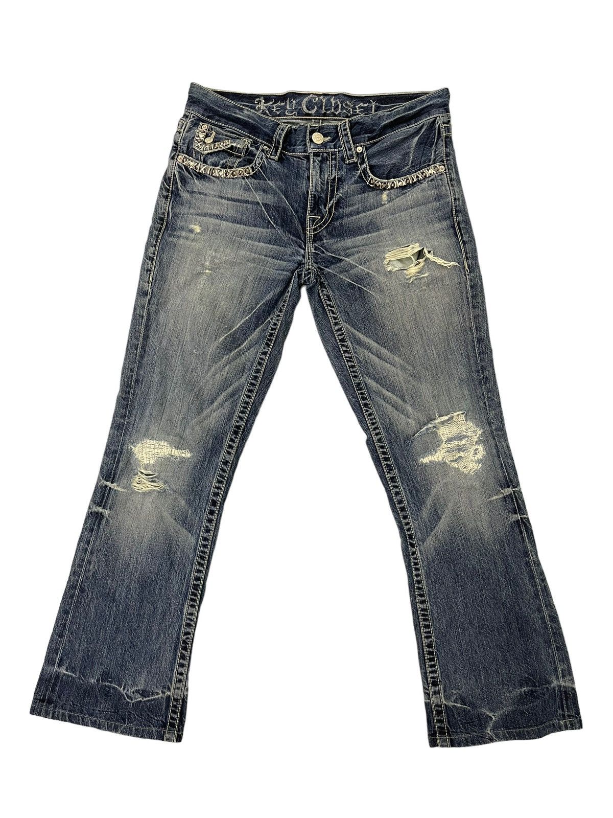 Japanese Brand Flare Jeans Key Closet Slim Distress Denim Boot Cut 7🟦 Size US 35 - 2 Thumbnail
