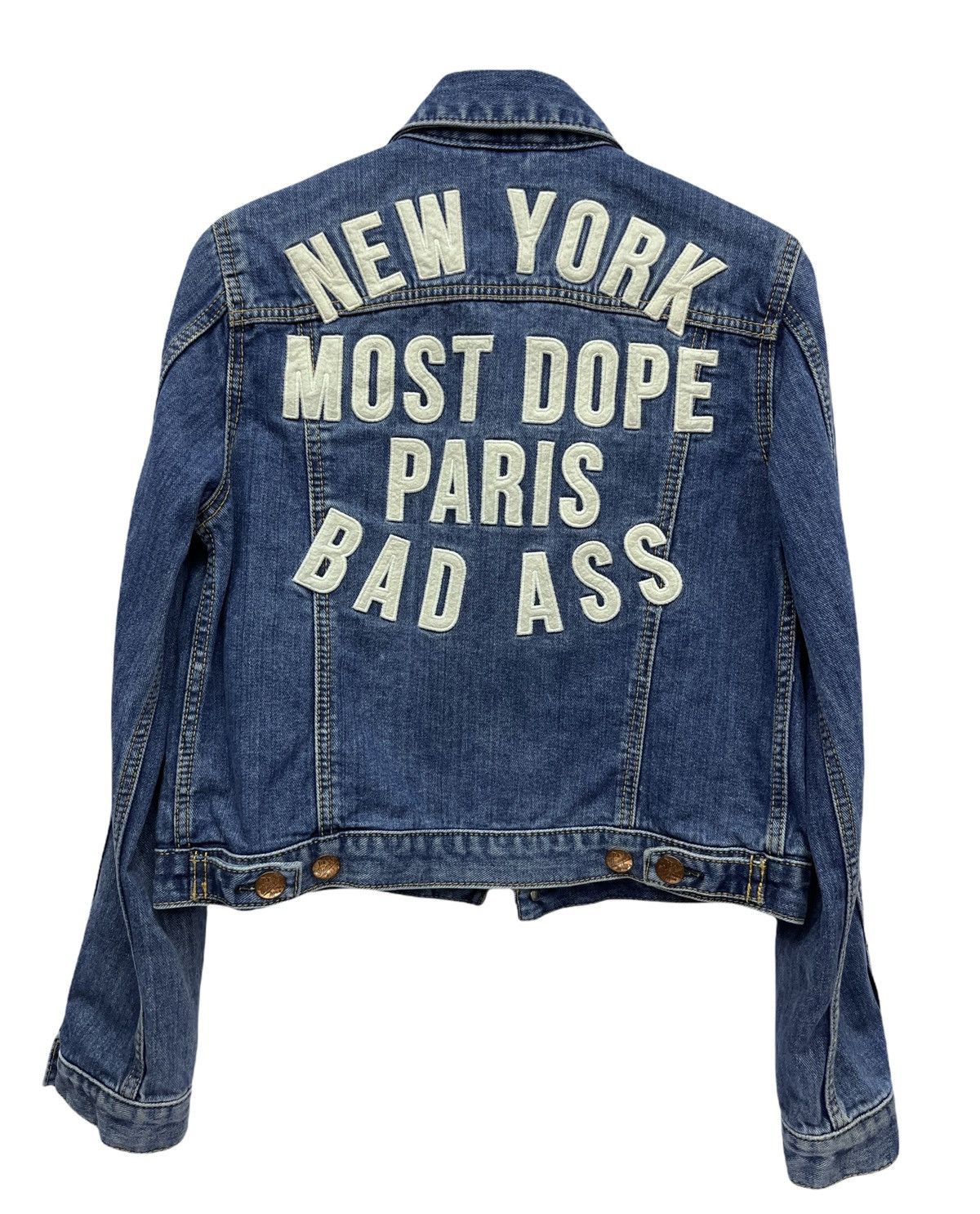 image of New York x Union Made Hot Moussy VTG Embroidery Spellout Cropped Denim Jacket in Blue (Size Small)