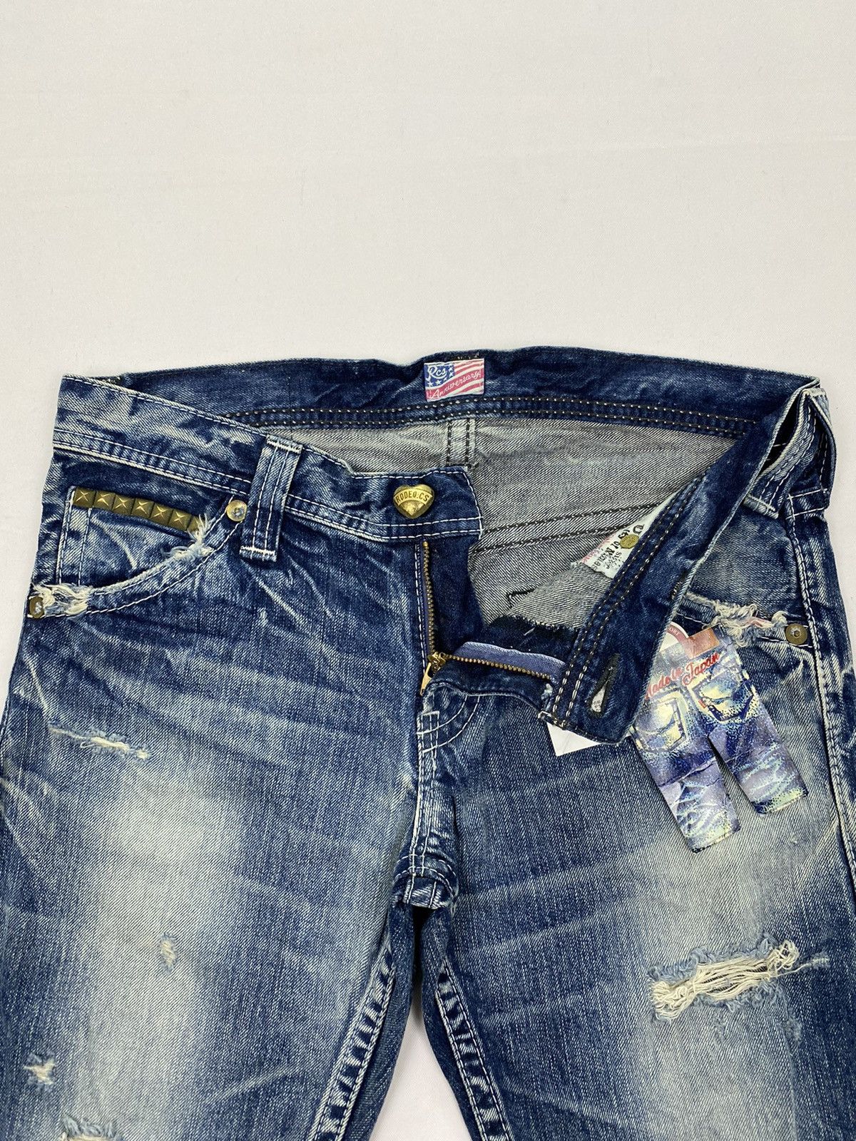 Japanese Brand Rodeo Crowns 12.5oz Distressed Low Rise Denim Size US 32 / EU 48 - 7 Thumbnail