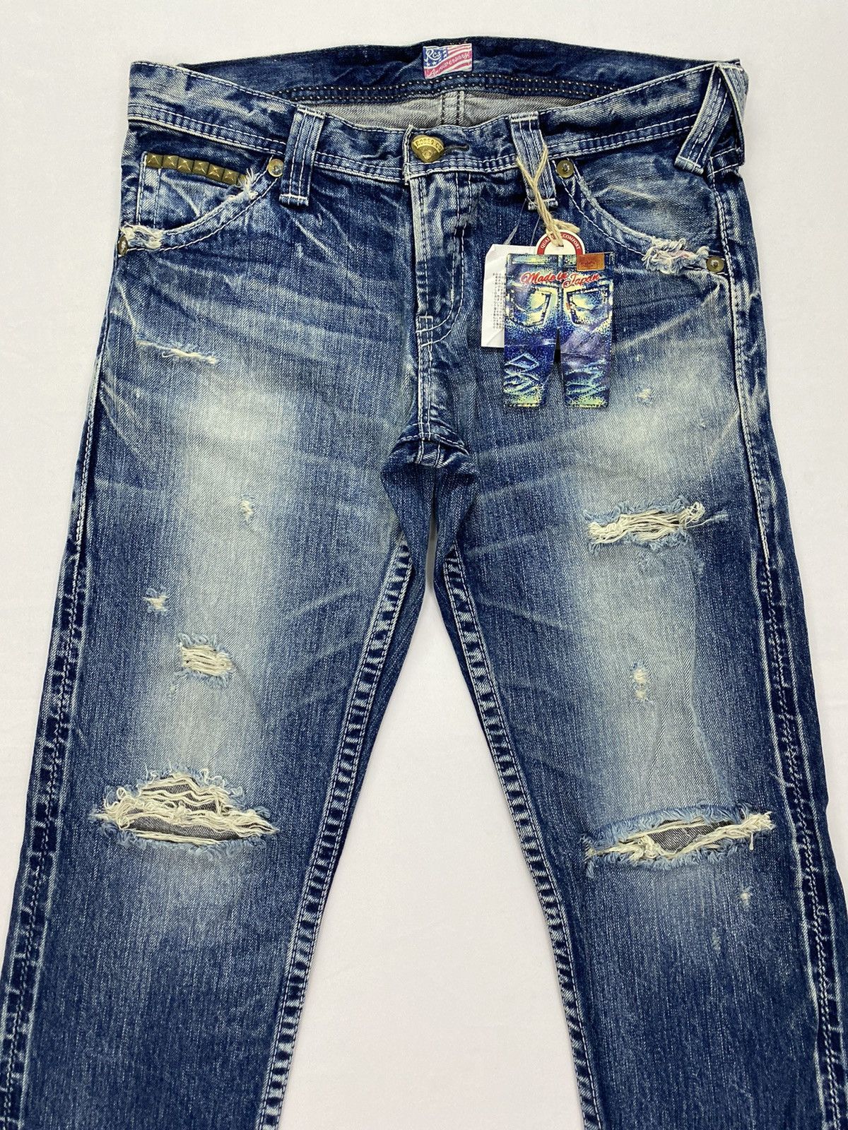 Japanese Brand Rodeo Crowns 12.5oz Distressed Low Rise Denim Size US 32 / EU 48 - 3 Thumbnail