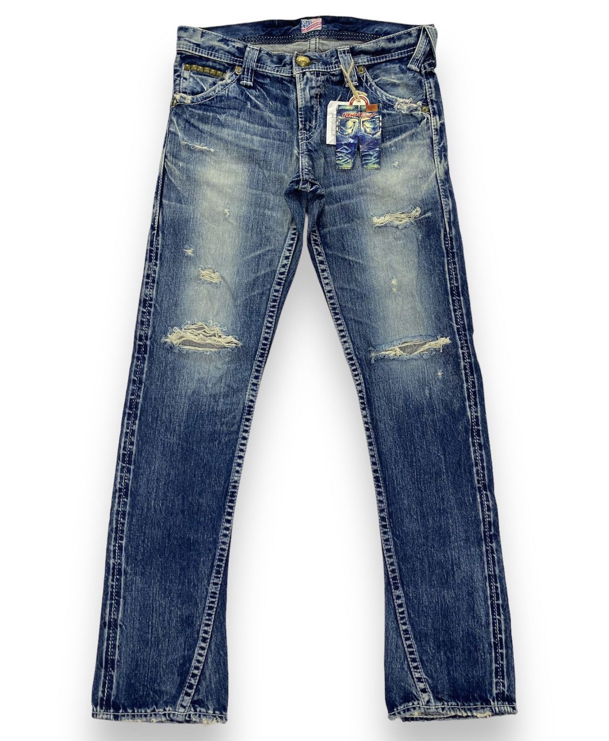Japanese Brand Rodeo Crowns 12.5oz Distressed Low Rise Denim Size US 32 / EU 48 - 1 Thumbnail