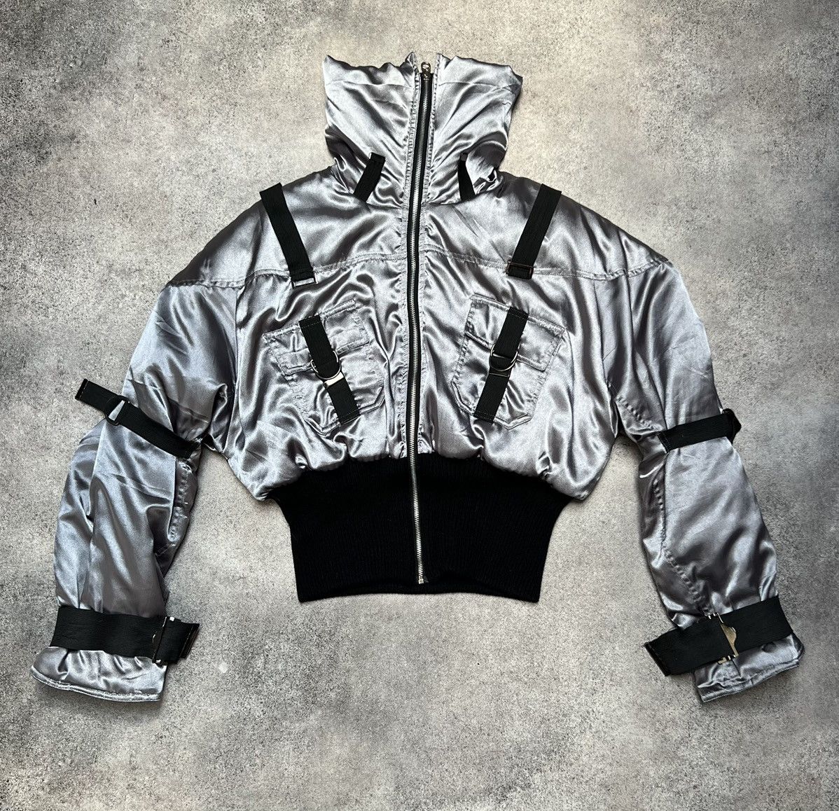 Image of 20471120 x Avant Garde Vintage Japanese Bondage Cropped Bomber Jacket in Grey, Men's (Size Small)