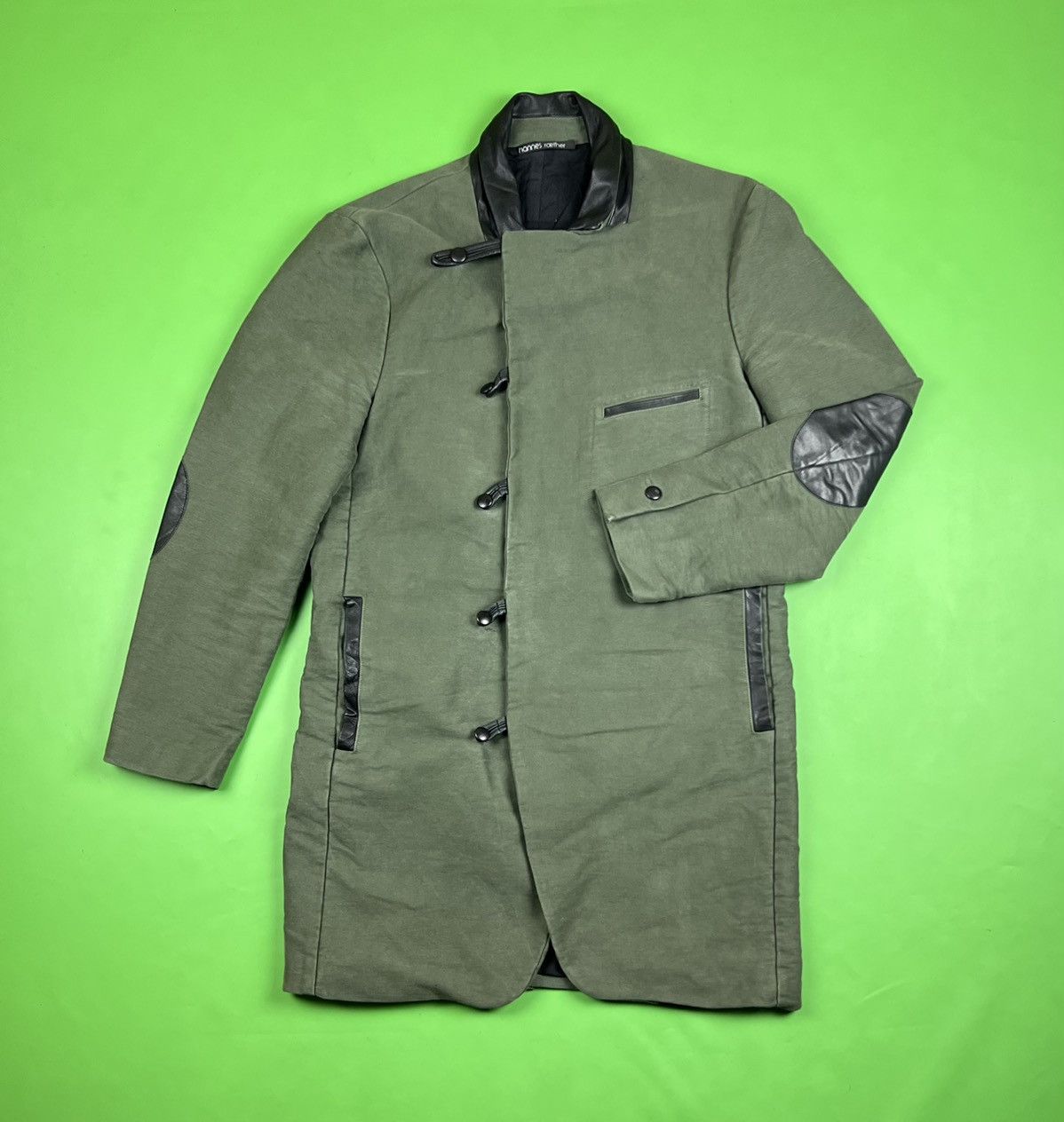 image of Hannes Roether Heavy Cotton / Leather Garment Washed Coat in Khaki, Men's (Size Medium)
