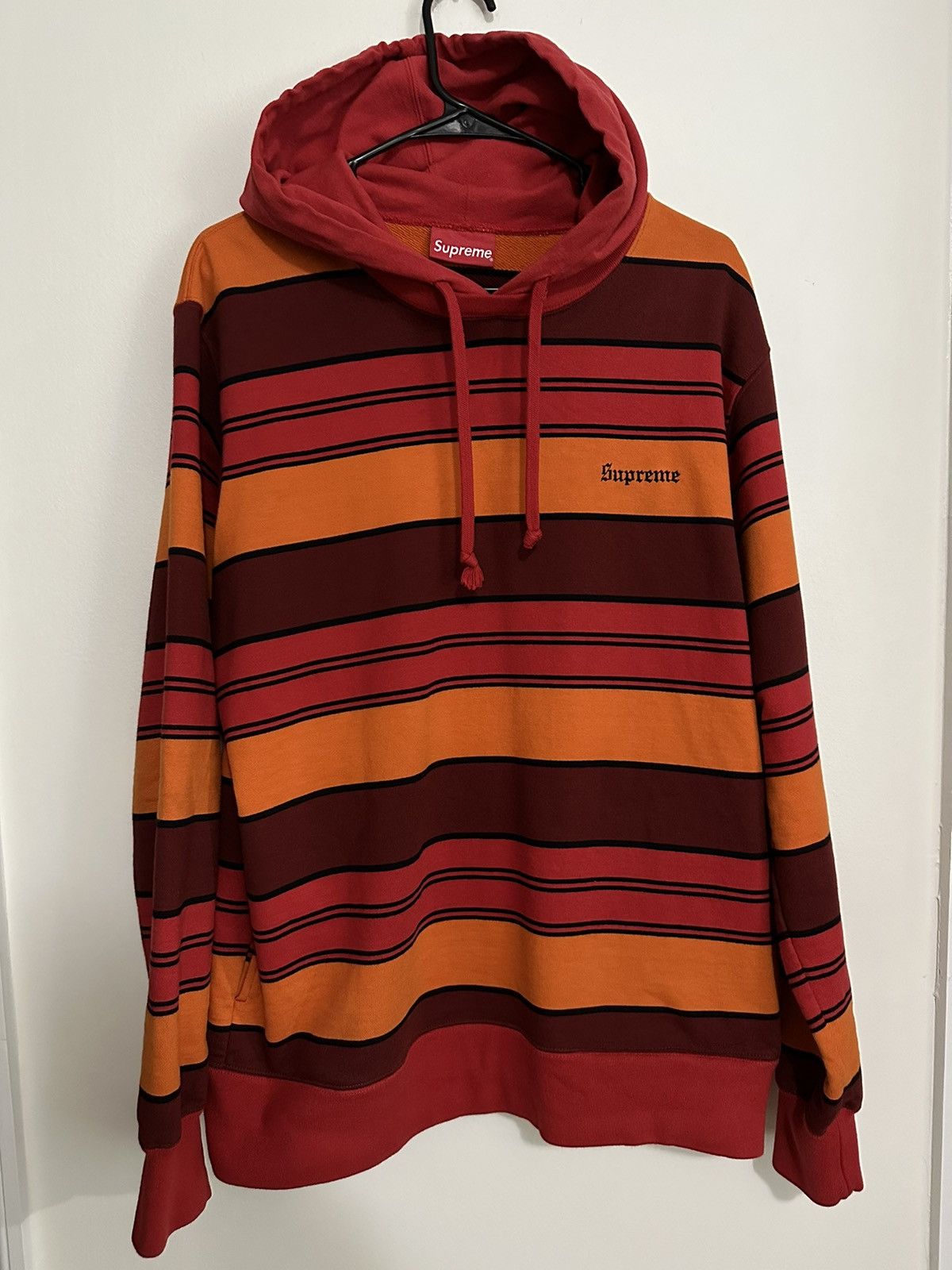 image of Supreme Striped Hooded Crewneck in Orange, Men's (Size Large)