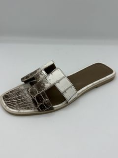 Hermes classic Oran sandals toile and calfskin beige dore