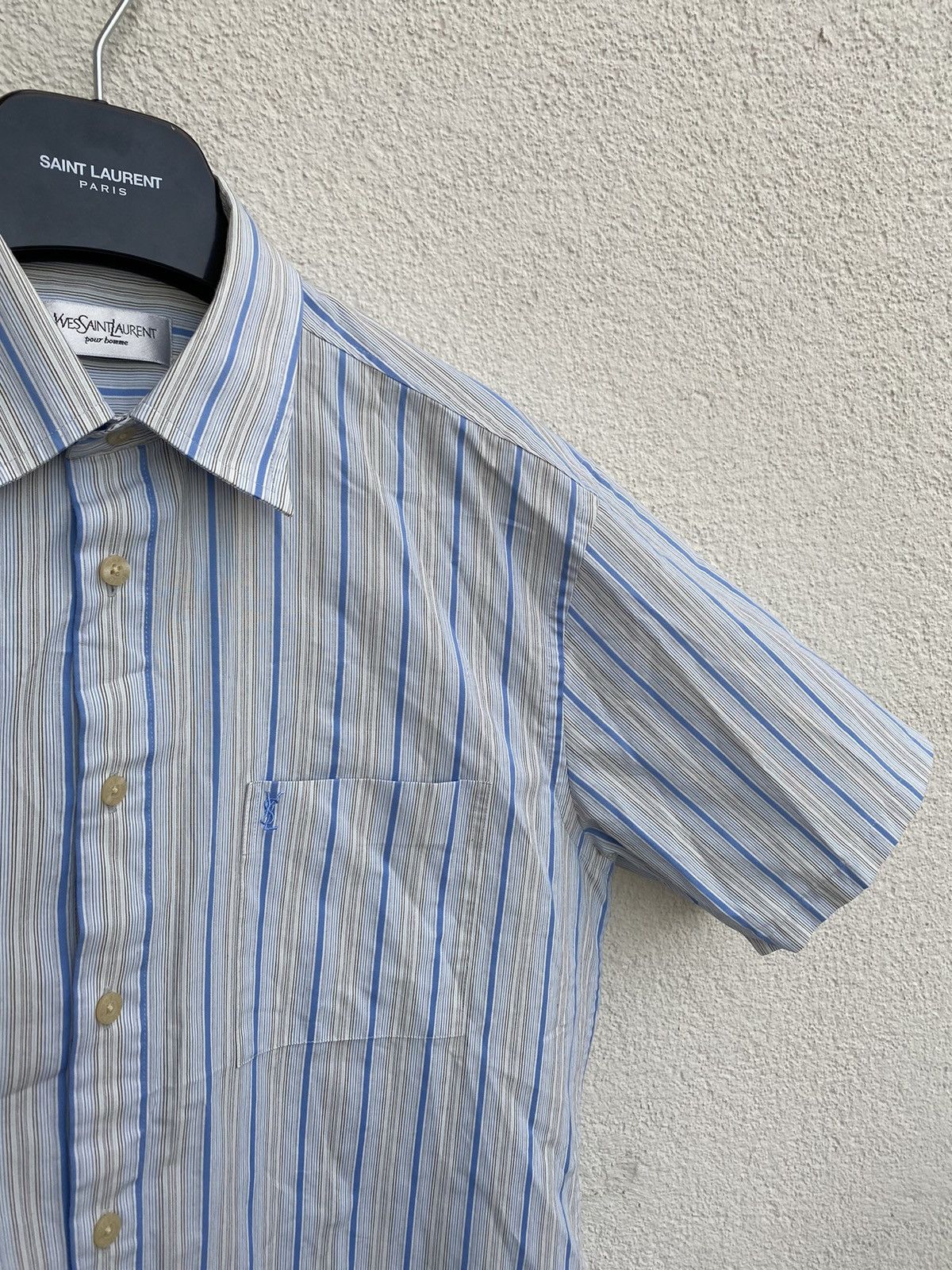 image of Vintage x YVES Saint Laurent Summer YSL Shirt Striped Blue, Men's (Size Large)