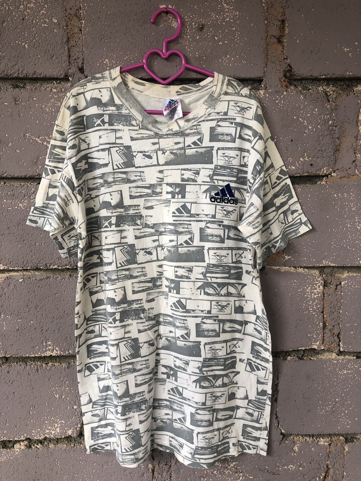 image of 90's Vintage Adidas Full Print Shirt in Gray/White, Men's (Size Small)