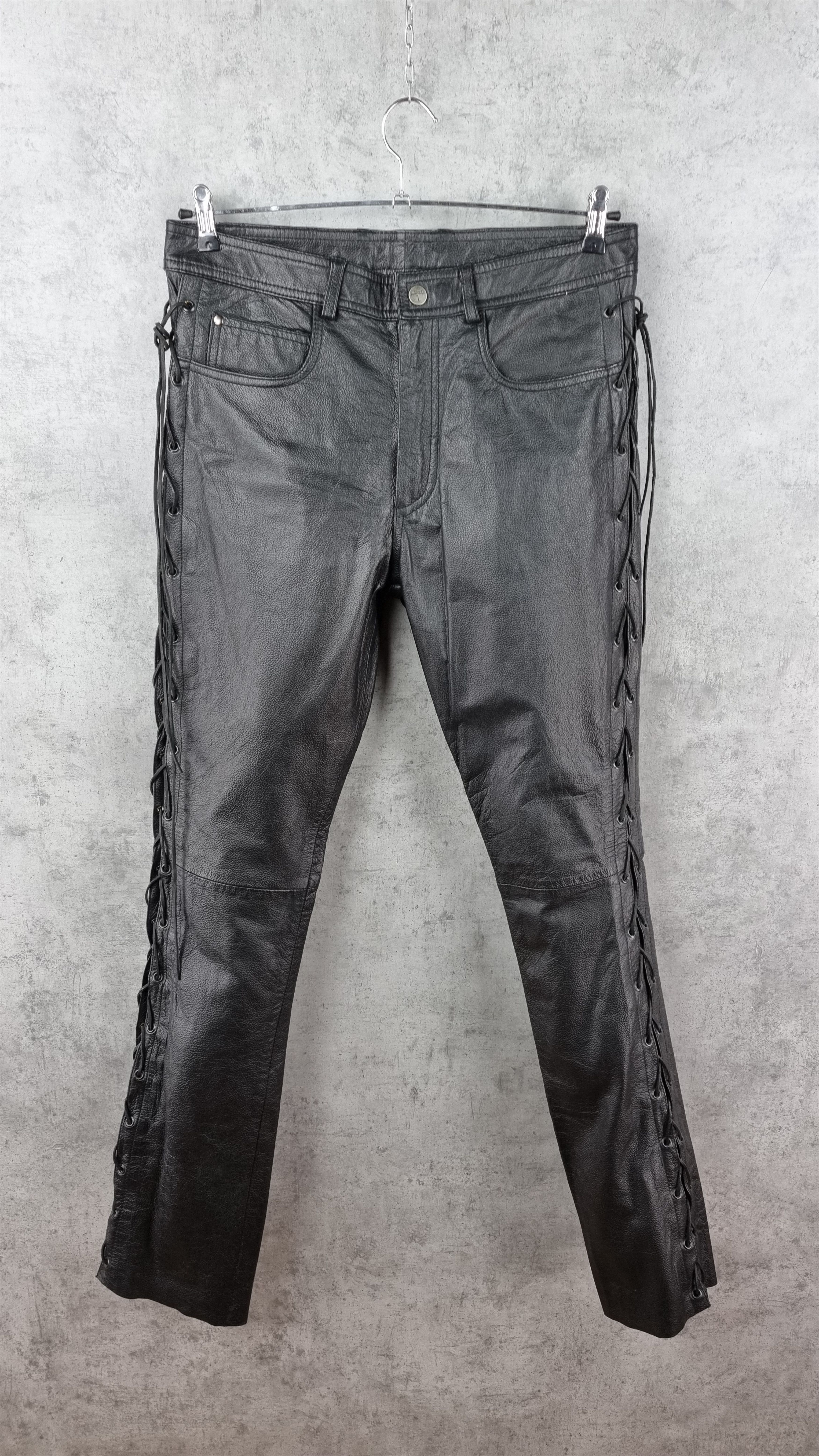 Genuine Leather × Leather 90s Vintage Leather Biker Pants side straps Travis Scott Size US 32 / EU 48 - 2 Thumbnail