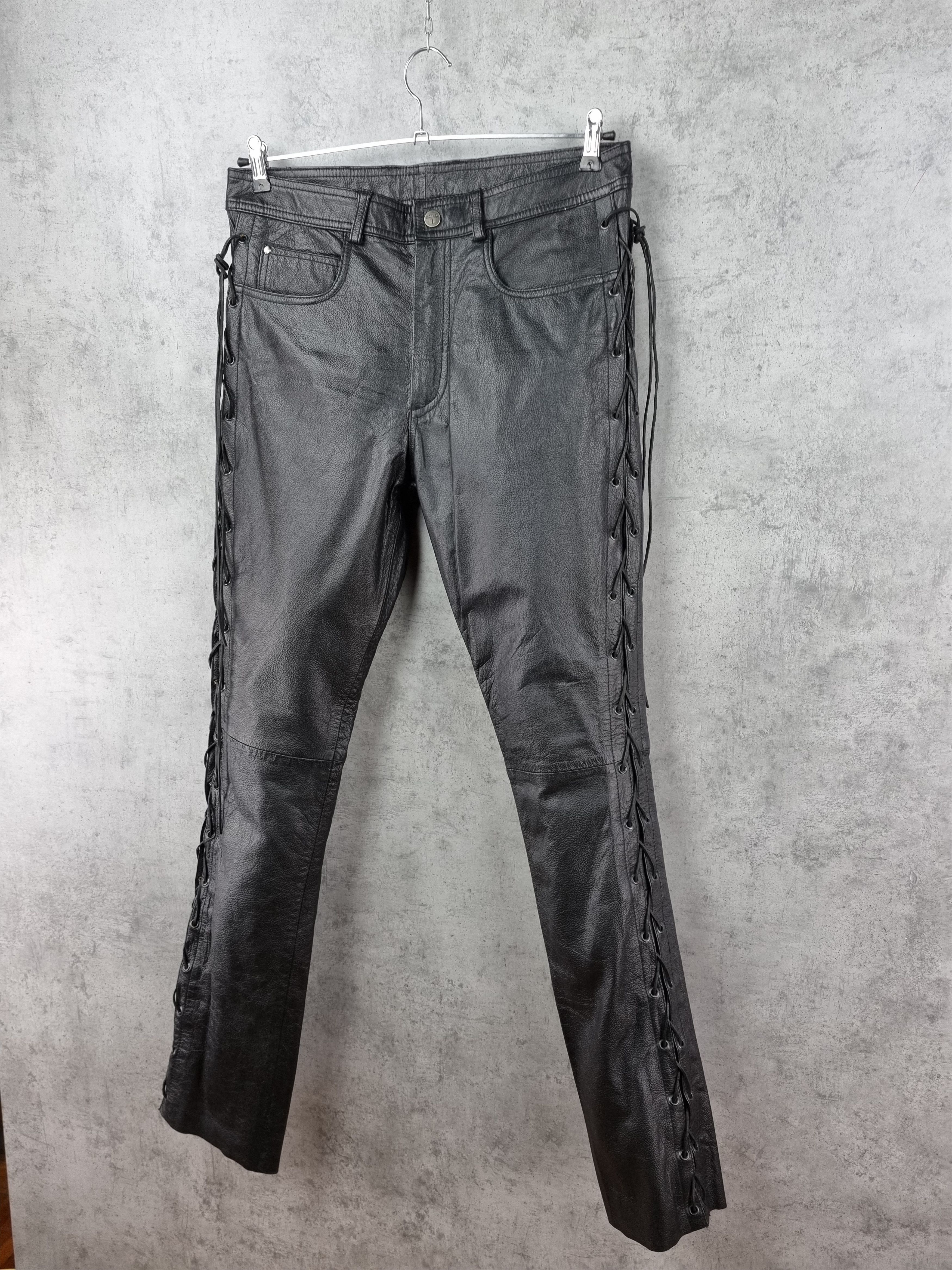 Genuine Leather × Leather 90s Vintage Leather Biker Pants side straps Travis Scott Size US 32 / EU 48 - 9 Thumbnail