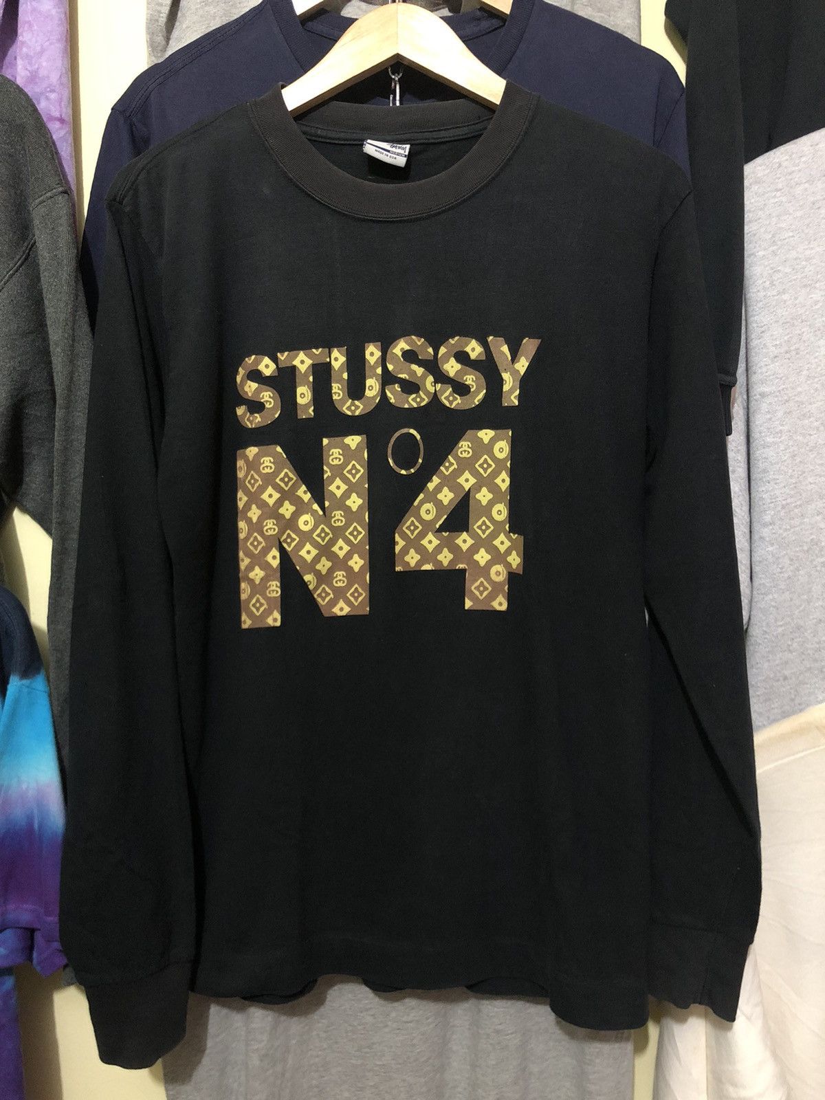 image of Vintage Long Sleeve Stussy Monogram No 4 Made In Usa in Black, Men's (Size Medium)