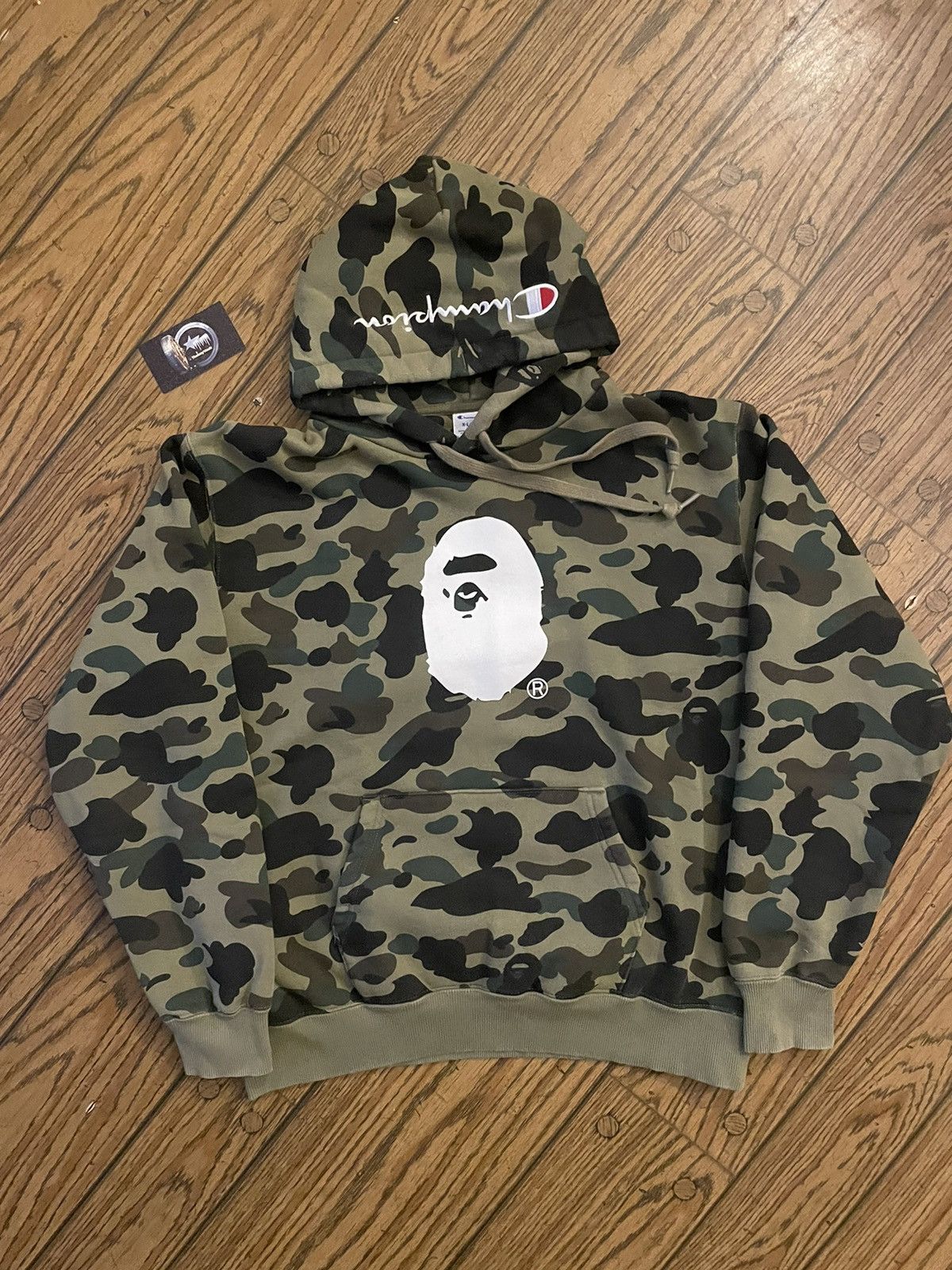 image of Bape x Champion Green Camo Ape Face Hoodie, Men's (Size XL)