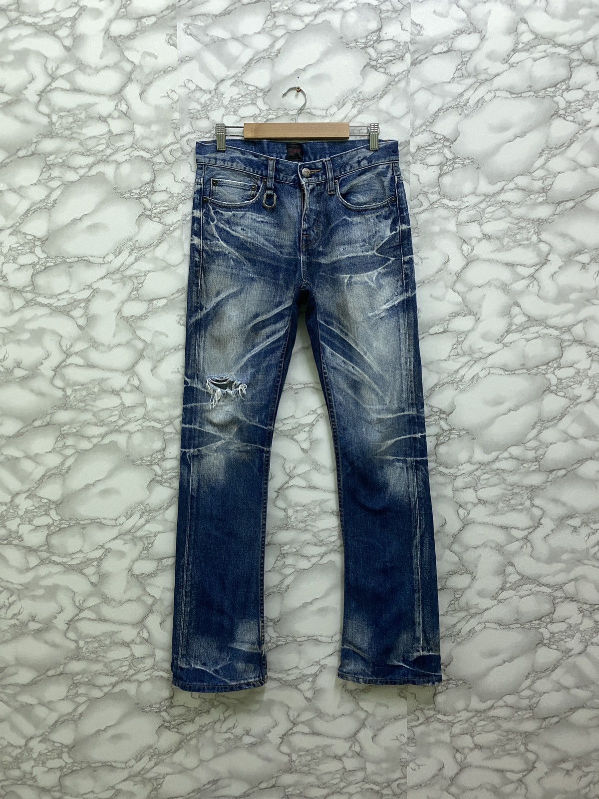 image of Jack Rose VTG Jackrose Wear Distressed Rock Flared Bootcut Denim Jeans in Blue, Men's (Size 29)