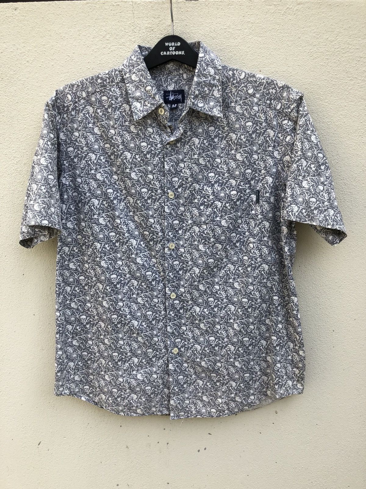 image of Stussy Made In Usa Full Printed Skull Skeleton Button Shirt, Men's (Size Medium)
