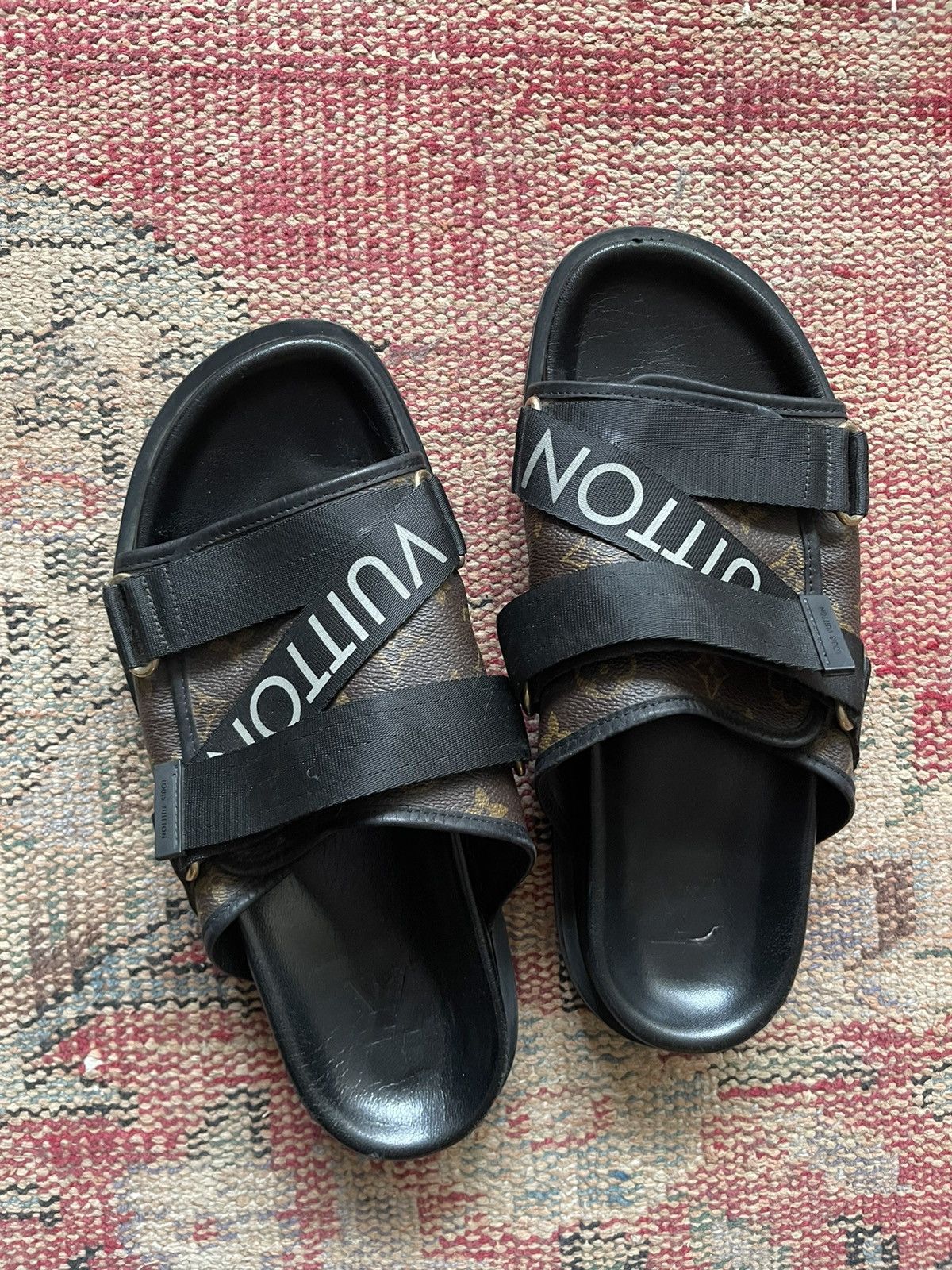 image of Louis Vuitton Honolulu Slides Mule Shoes Lv 9.5 in Brown Monogram, Men's (Size 10.5)