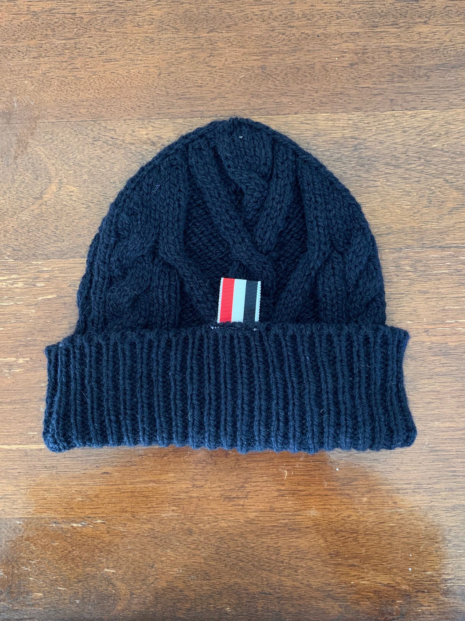 image of Thom Browne Aran Cable Donegal Knit Hat Navy, Men's