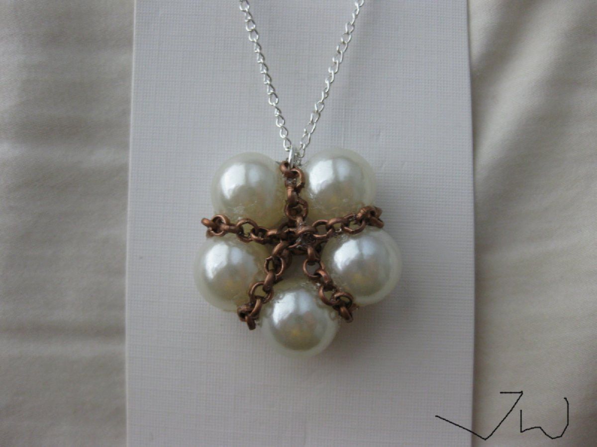 Handmade White Pearl Beads Charm Necklace with Brown chain Size ONE SIZE - 4 Thumbnail