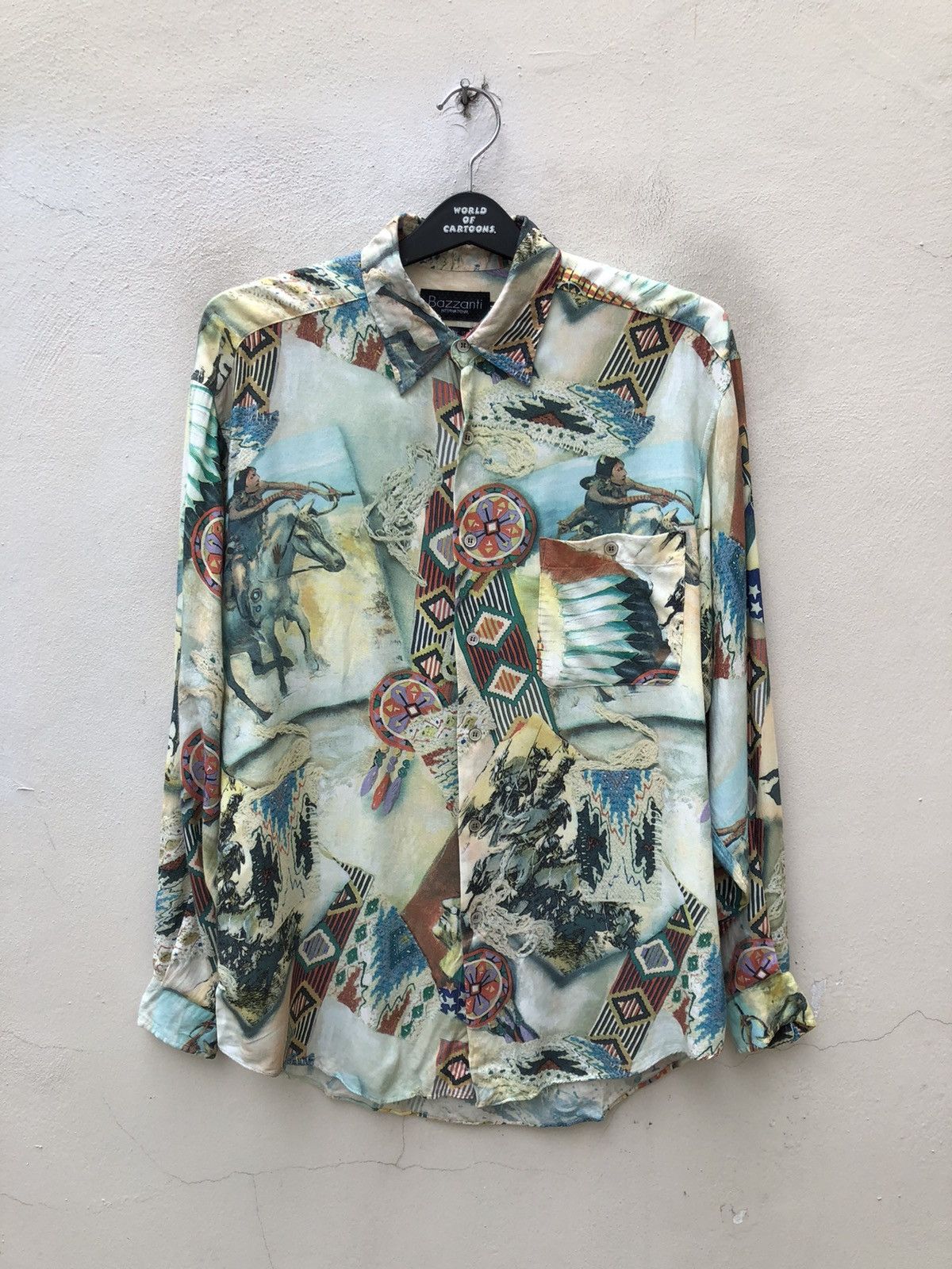 Vintage Bazzanti Indian Motif Chief Hunting Rayon Long Sleeve Shirt Size US M / EU 48-50 / 2 - 1 Thumbnail